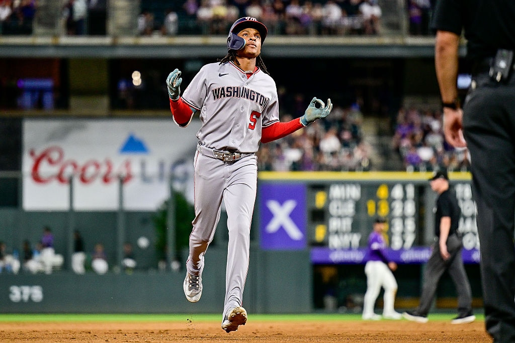 Washington Nationals shortstop CJ Abrams celebrates after his two-run home run against the Colorado Rockies in the seventh inning.