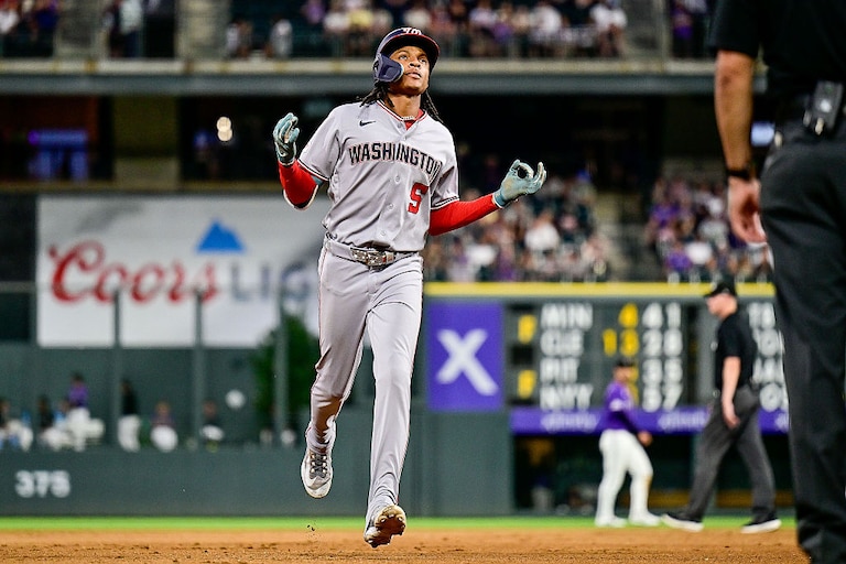 Washington Nationals shortstop CJ Abrams celebrates after his two-run home run against the Colorado Rockies in the seventh inning.
