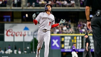 Washington Nationals shortstop CJ Abrams celebrates after his two-run home run against the Colorado Rockies in the seventh inning.