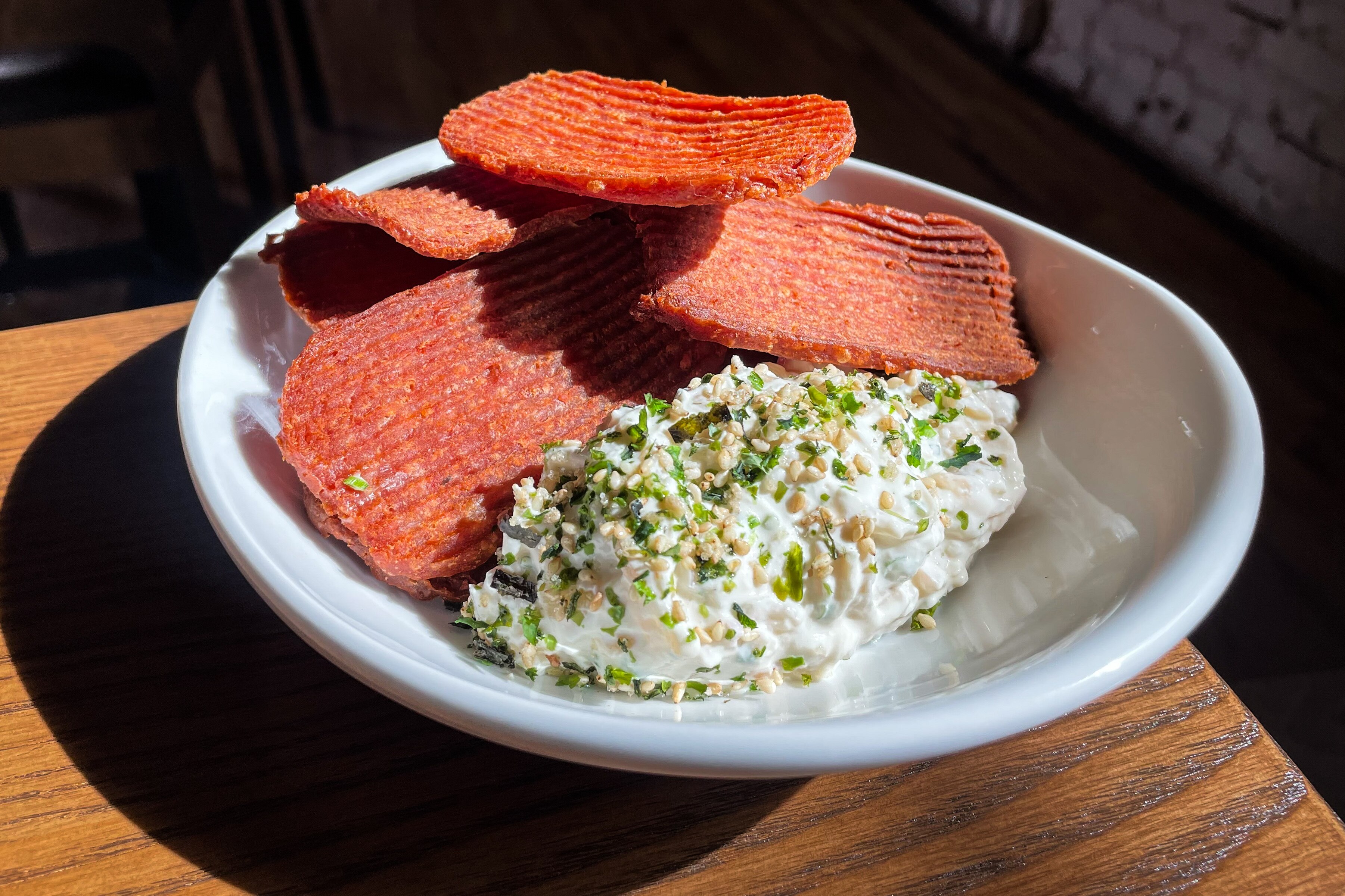 Spam chips with French onion dip at Pink Flamingo. May 7, 2025.