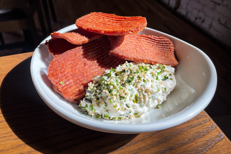 Spam chips with French onion dip at Pink Flamingo. May 7, 2025.