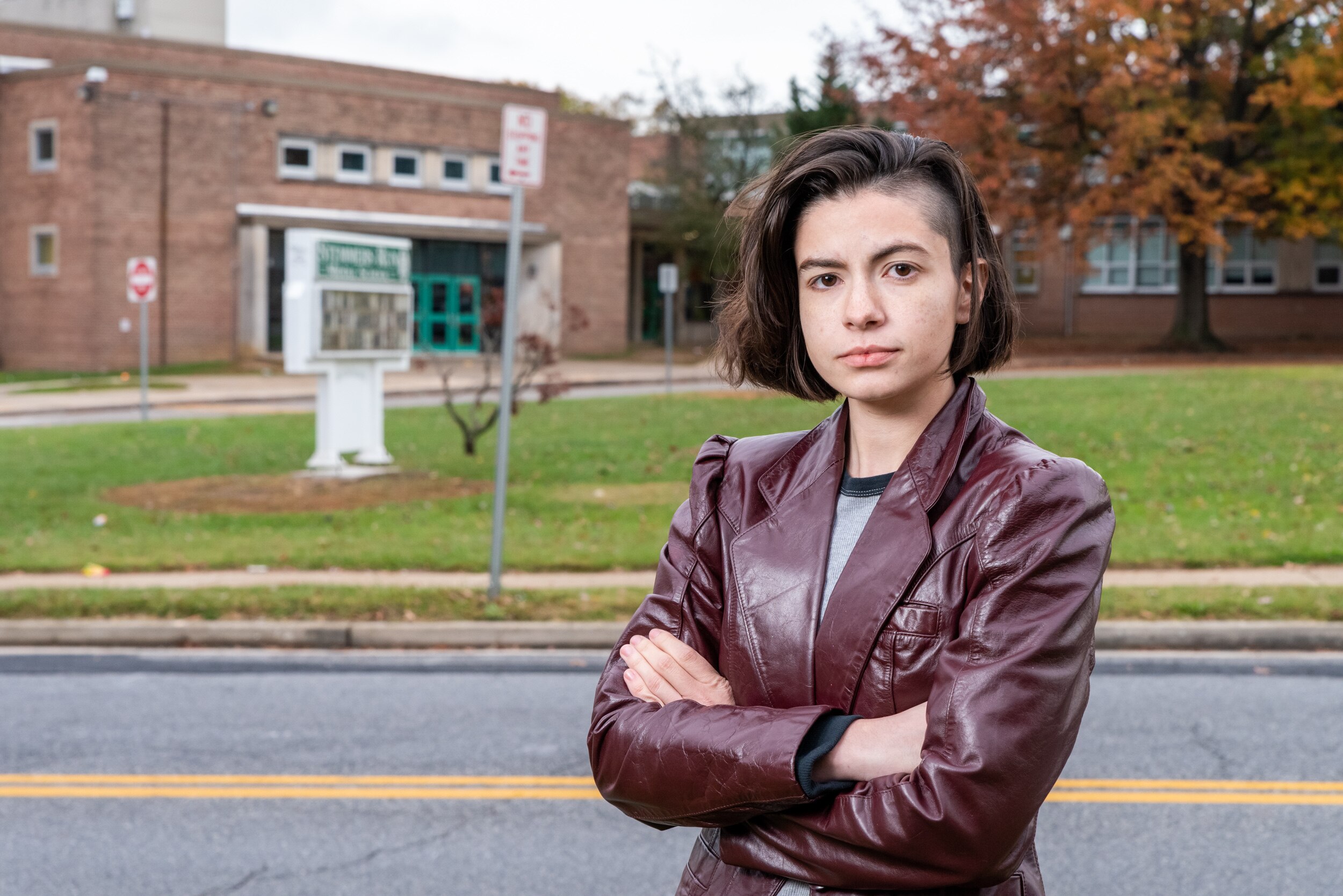 Alexa Sciuto is pictured outside Stemmers Run Middle School in Essex, Maryland, where she is a teacher, on November 10, 2023.