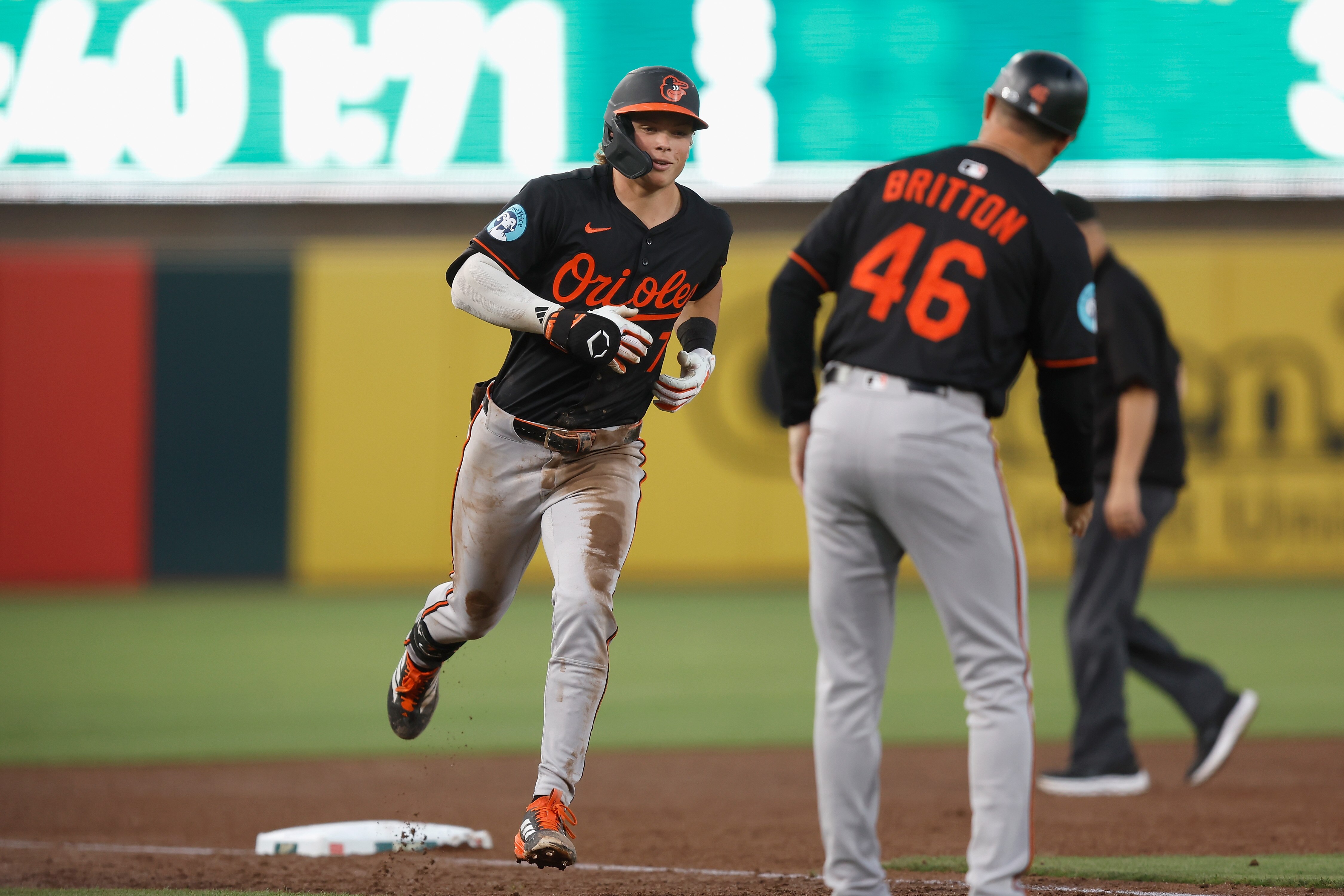 Jackson Holliday rounds third on his fourth-inning home run, one of his three hits in the Orioles’ 5-4 loss to the Athletics.