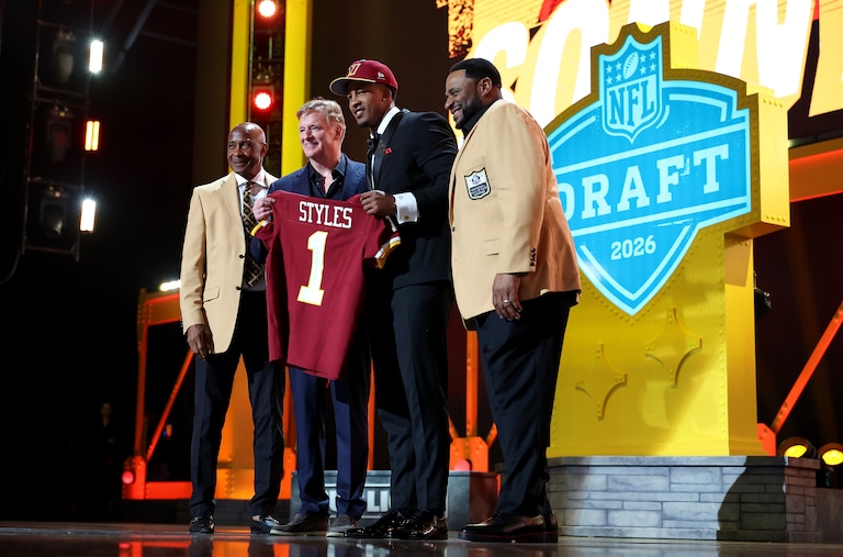 Sonny Styles (2R) of Ohio State poses with NFL Commissioner Roger Goodell (2L), Lynn Swann (L) and Jerome Bettis (R) after being selected seventh overall pick by the Washington Commanders during Round One of the 2026 NFL Draft at Acrisure Stadium on April 23, 2026 in Pittsburgh, Pennsylvania.