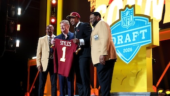 Sonny Styles (2R) of Ohio State poses with NFL Commissioner Roger Goodell (2L), Lynn Swann (L) and Jerome Bettis (R) after being selected seventh overall pick by the Washington Commanders during Round One of the 2026 NFL Draft at Acrisure Stadium on April 23, 2026 in Pittsburgh, Pennsylvania.