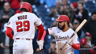 Washington Nationals right fielder James Wood celebrates with teammate Luis Garcia Jr. after hitting a home run in the second inning.