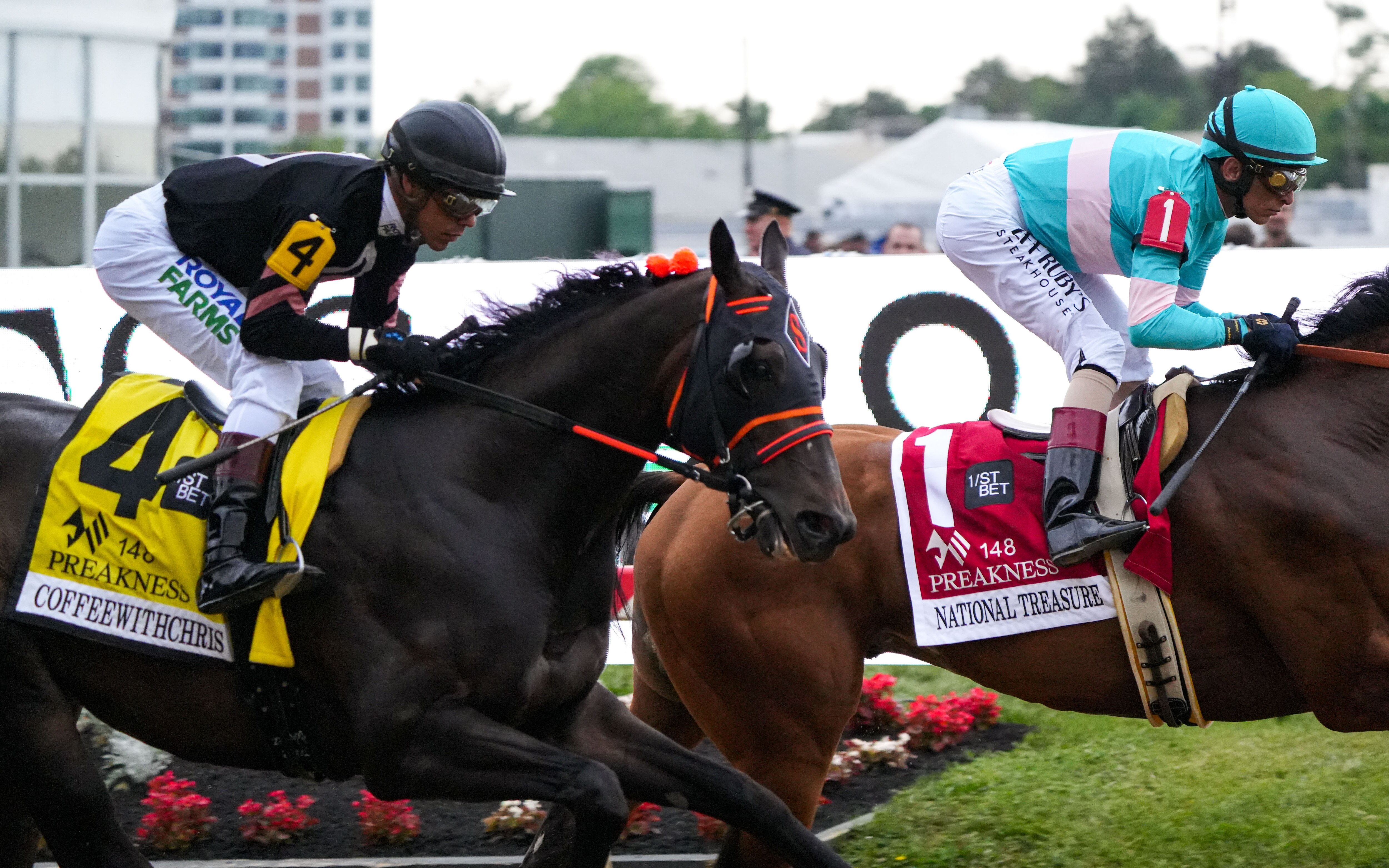 National Treasure, ridden by jockey John Velazquez, sprints down the track during the Preakness Stakes at Pimlico Race Course in 2023.