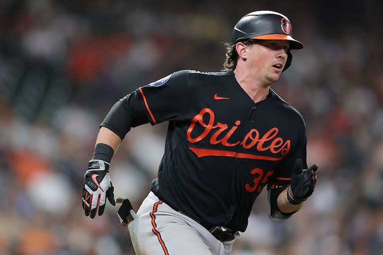 Orioels catcher Adley Rutschman runs after hitting a double during the eighth inning of Friday's game against the Houston Astros.