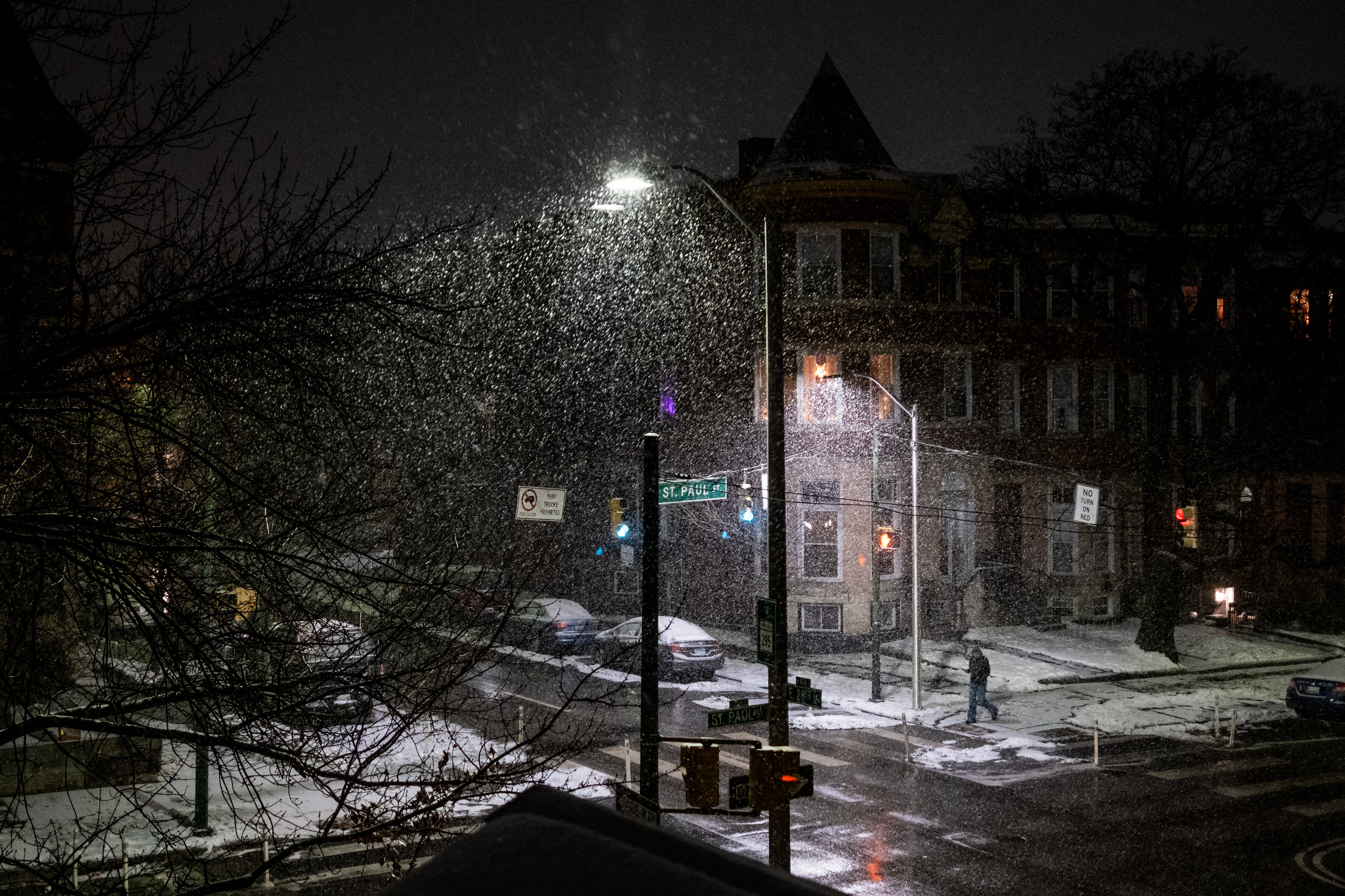 Snow falls overnight in the early hours of Saturday, January 11, 2025, in the Charles Village neighborhood of Baltimore, Md. Forecasts predicted 1-3 inches could fall in the second snow event of the year, only days after almost 5 inches dropped in Baltimore on January 6.