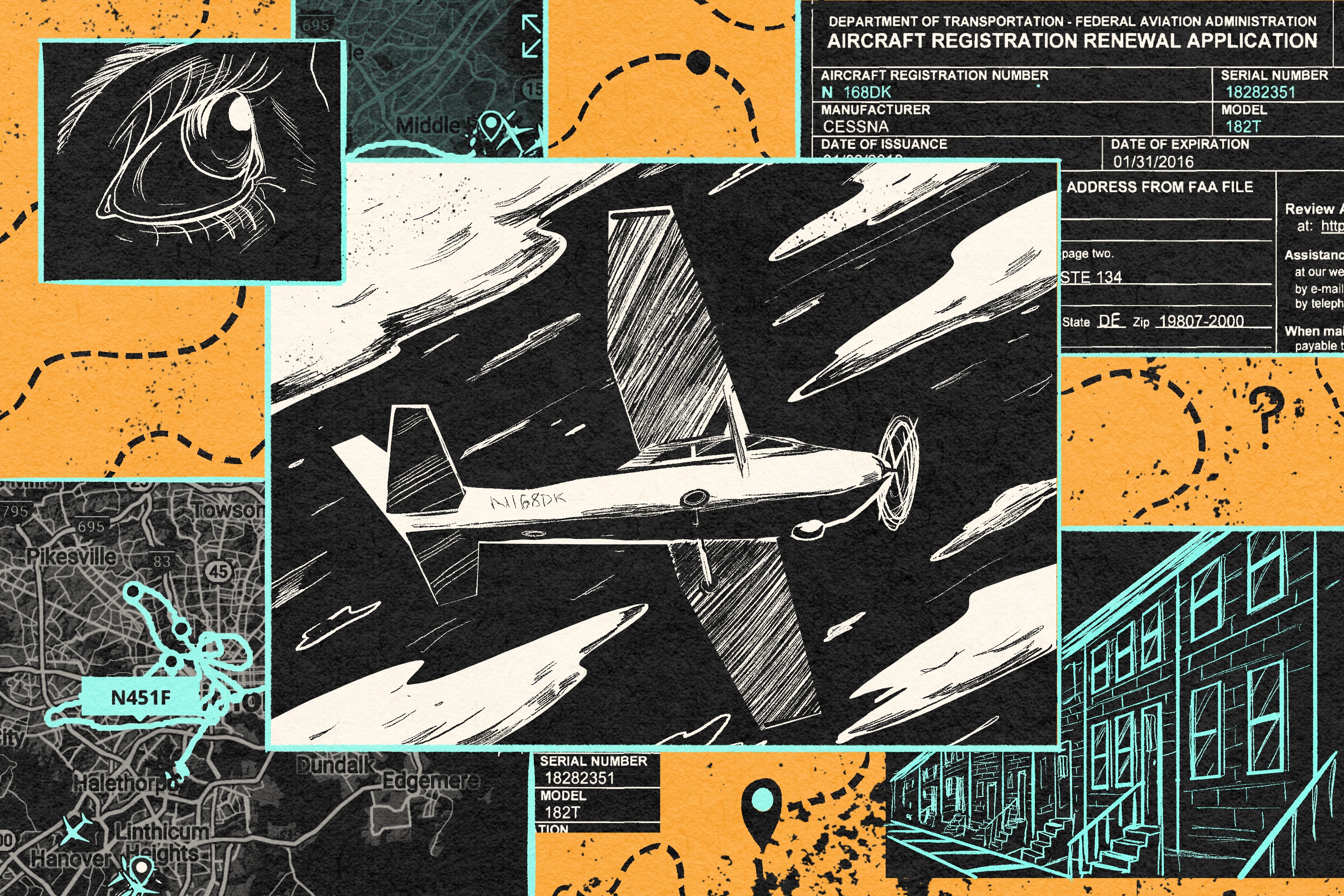 Illustration with drawn and scanned images collaged in overlapping boxes, including close-up of eye, a propeller plane, an aircraft registration renewal application, and Baltimore row houses.