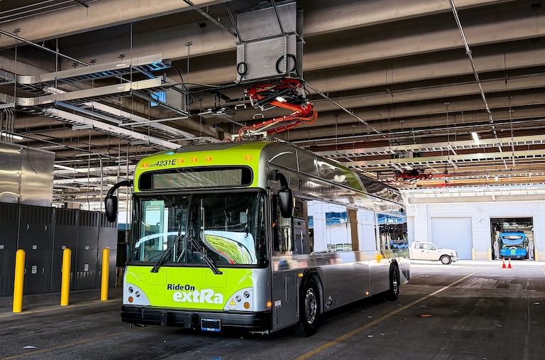 The upgraded transit depot in Derwood is powering the county’s transition from diesel-powered Ride-On buses. Within its fleet of about 400, the county has about 70 electric buses.Within its fleet of about 400, the county has about 70 electric buses.