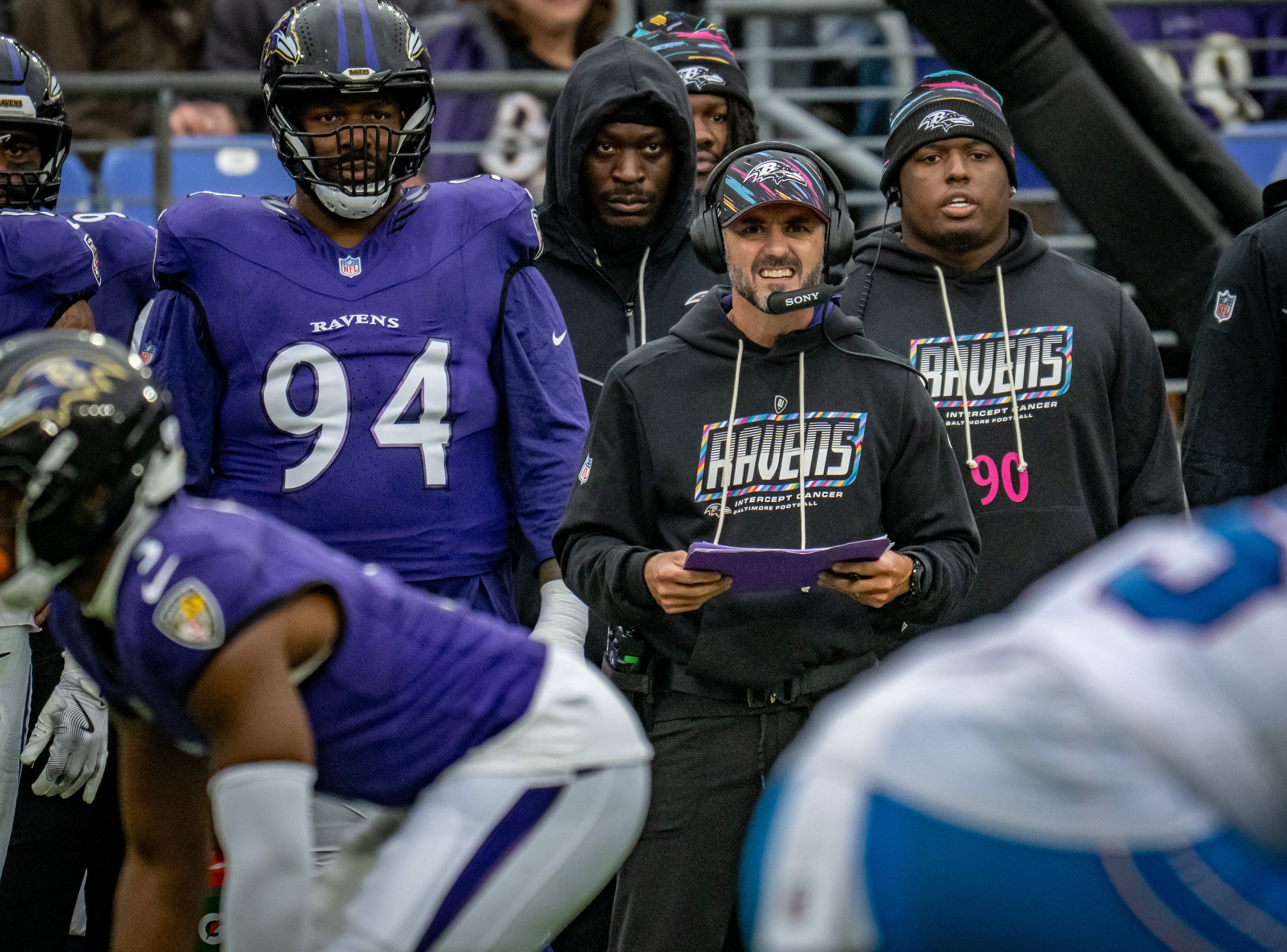 Ravens head coach Jesse Minter watches as his team hosts the Tennessee Titans at M&T Bank Stadium in Week 4.