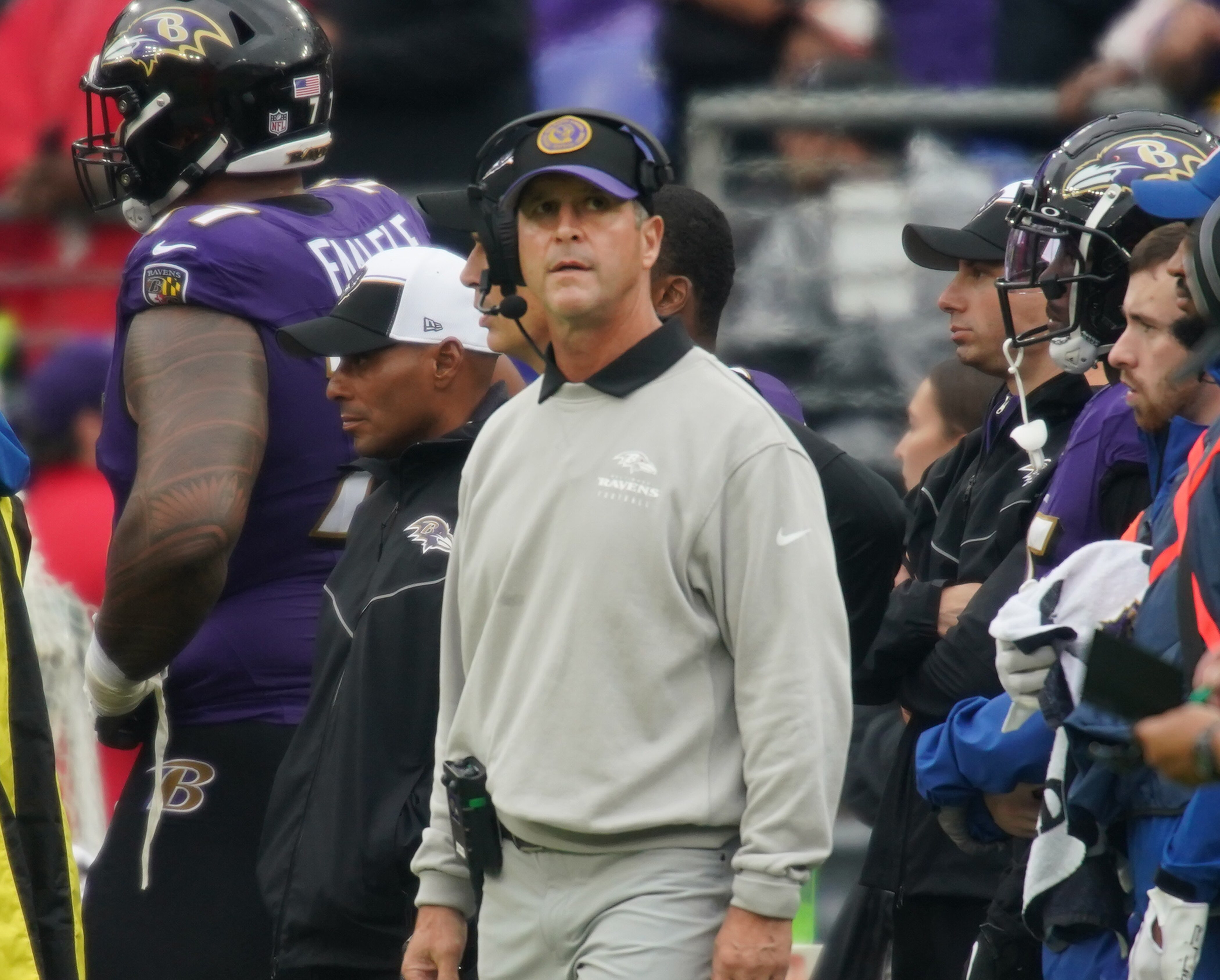 Ravens coach John Harbaugh watches during a 22-19 loss to the Colts.
