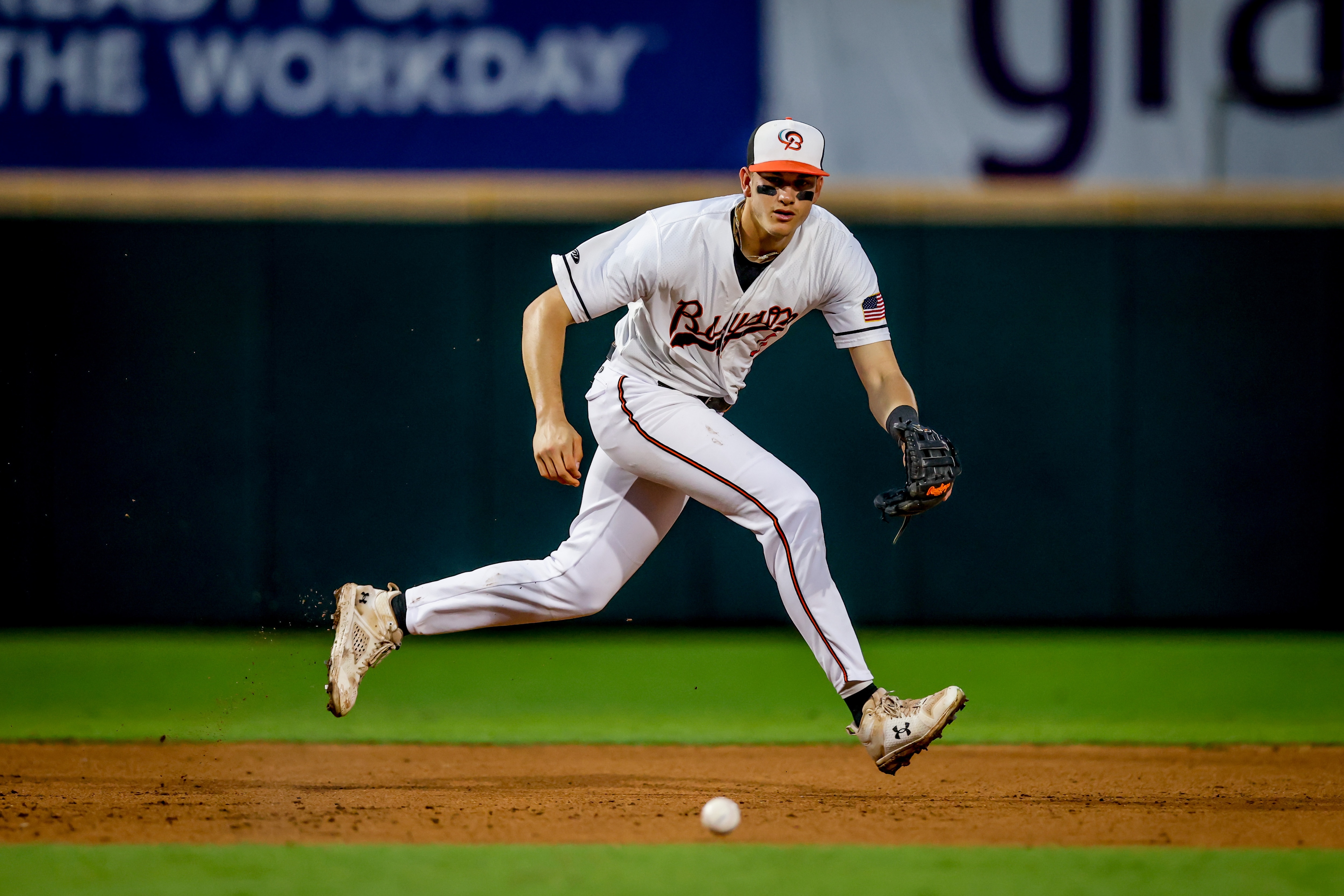 Orioles prospect Colby Mayo tracks down a ground ball for the Bowie Baysox. (Joseph Noyes/Courtesy of the Bowie Baysox)