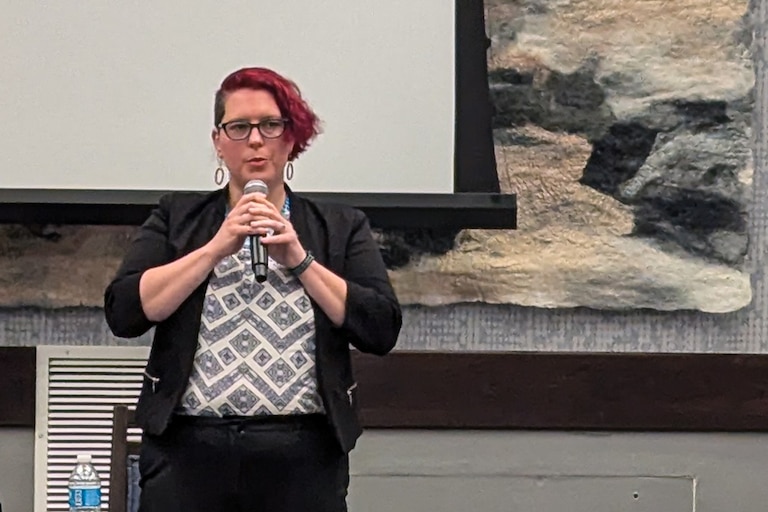 Allison Eriksen speaks to voters during a candidate forum at The Village at Rockville in Rockville, Maryland, on June 4, 2026.