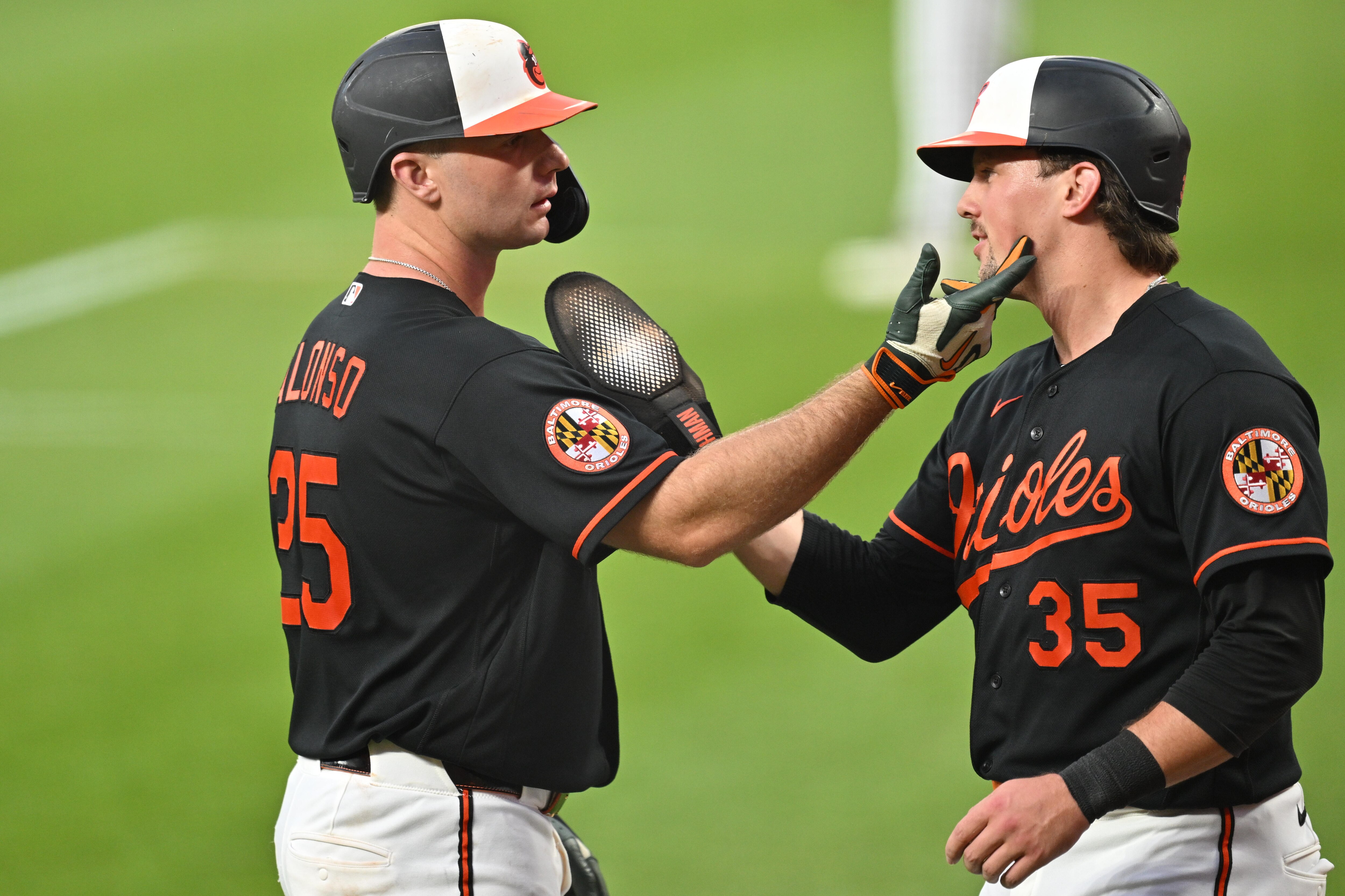 Pete Alonso and Adley Rutschman greet each other after Alonso’s two-run home run in the third inning Thursday night at Camden Yards.