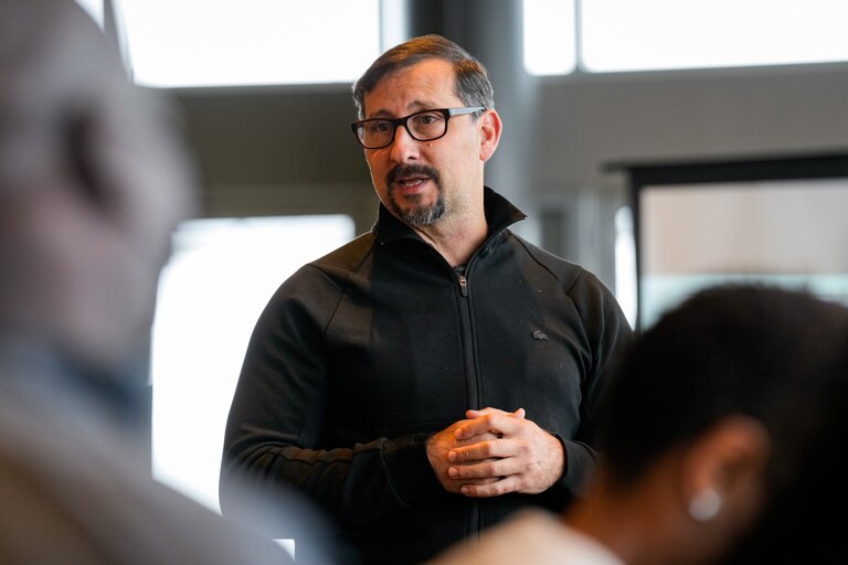 EPA Regional Administrator Adam Ortiz speaks with community residents in the Marriott Residence Inn during the final stop of his Middle East neighborhood tour of Baltimore, Md. on Friday, November 22, 2024.