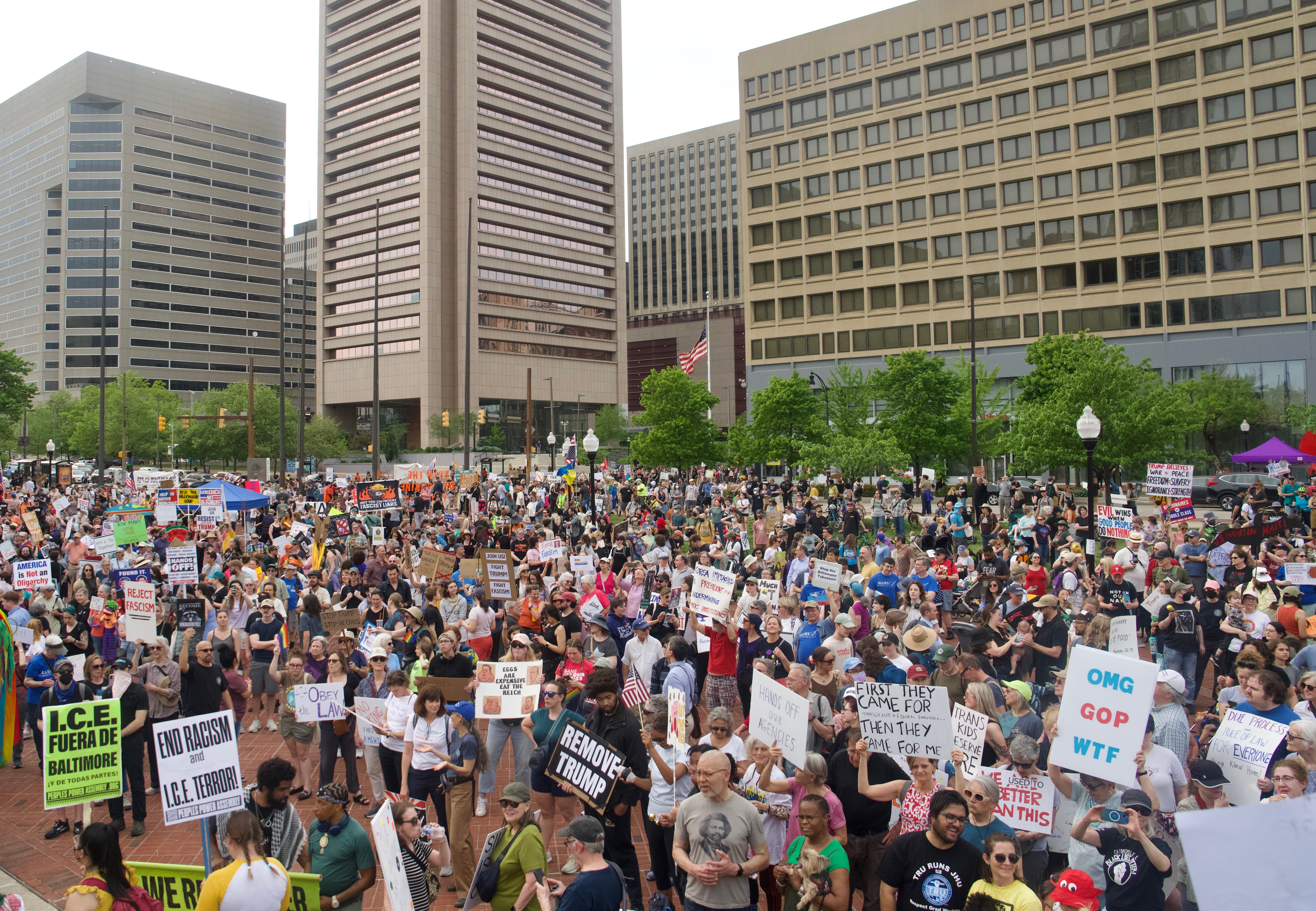 Protesters gather at McKeldin Plaza in Baltimore after marching from around downtown Thursday. 