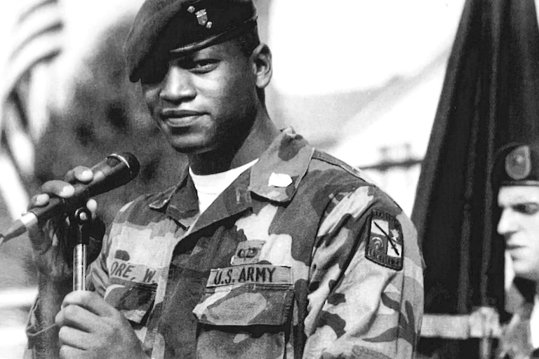 Wes Moore gives a farewell address to the corps of cadets after serving as regimental commander.
