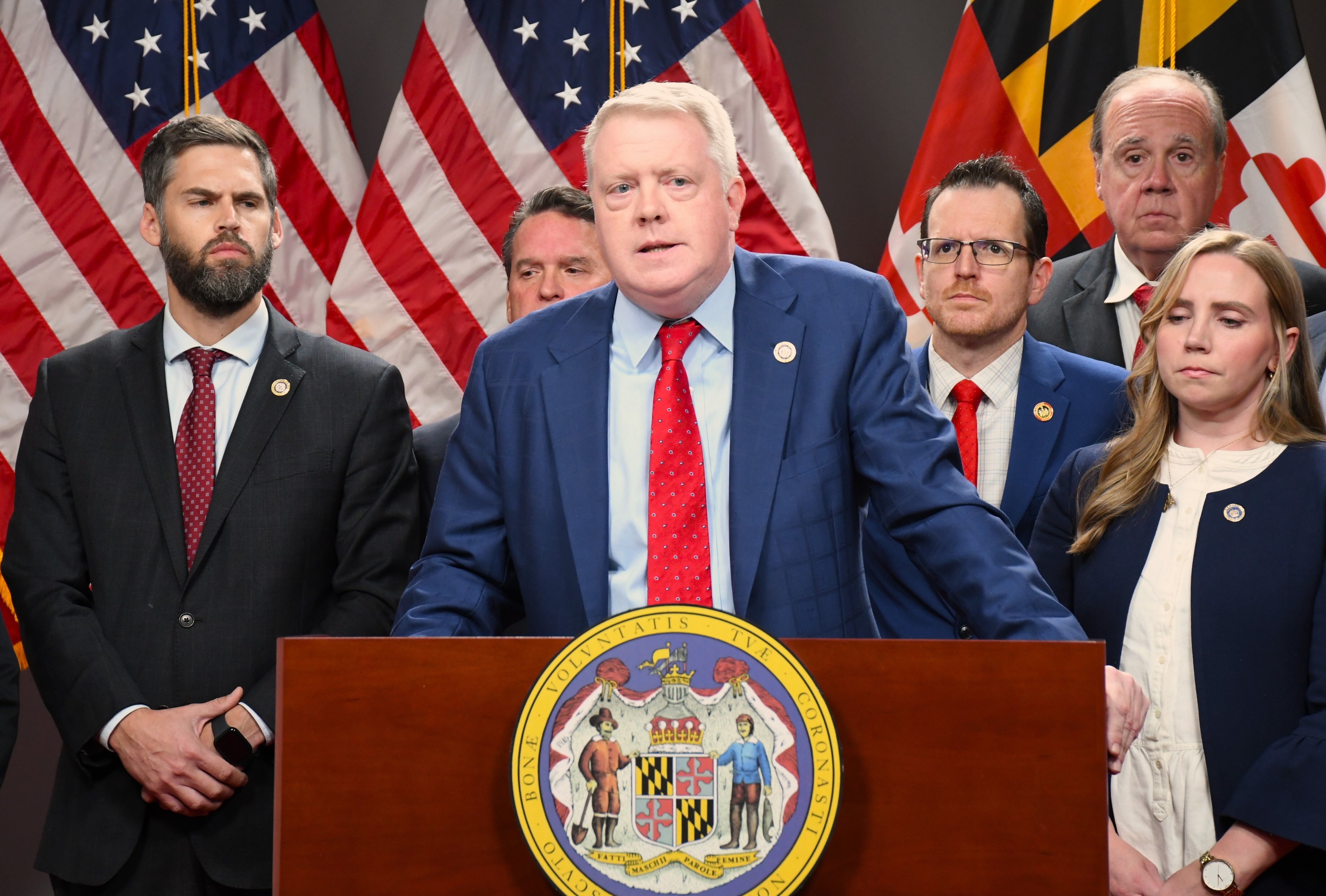 Maryland State Del. Jason Buckel, the minority leader in the House of Delegates, speaks at a press conference outlining Republican lawmakers' proposals on criminal justice for the 2024 General Assembly session. The press conference was held at the Miller Senate Office Building in Annapolis on Tuesday, Nov. 14, 2023.