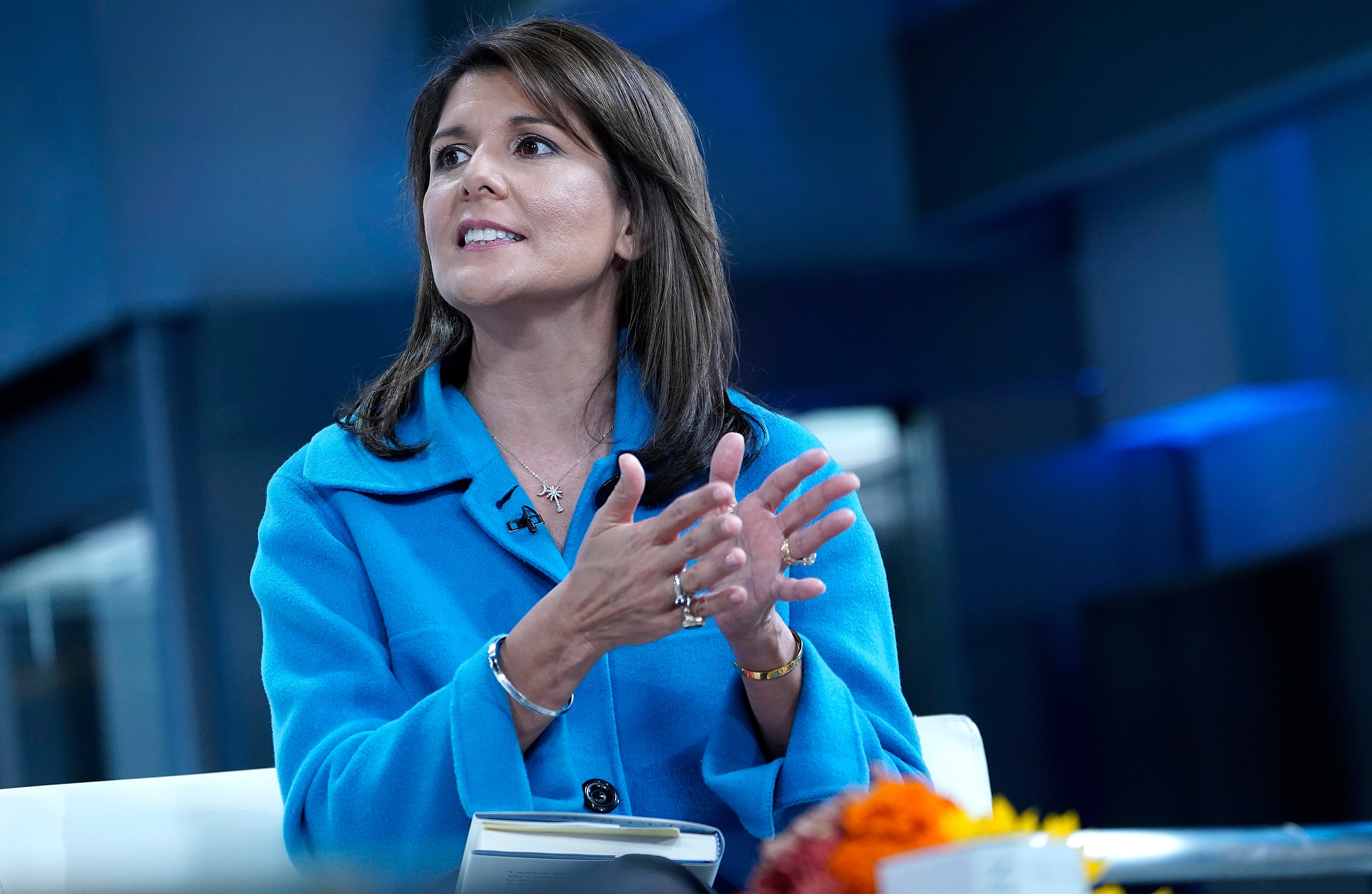 NEW YORK, NEW YORK - NOVEMBER 12: (EXCLUSIVE COVERAGE) Former UN Ambassador ( R) Nikki Haley visits "Fox & Friends" at Fox News Channel Studios on November 12, 2019 in New York City.