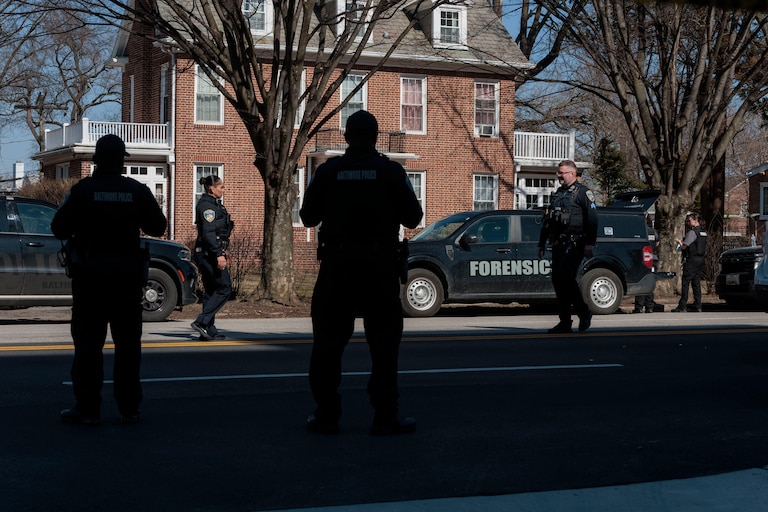 Baltimore Police respond to the scene of a shooting, Tuesday, March 10, 2026, in Baltimore.