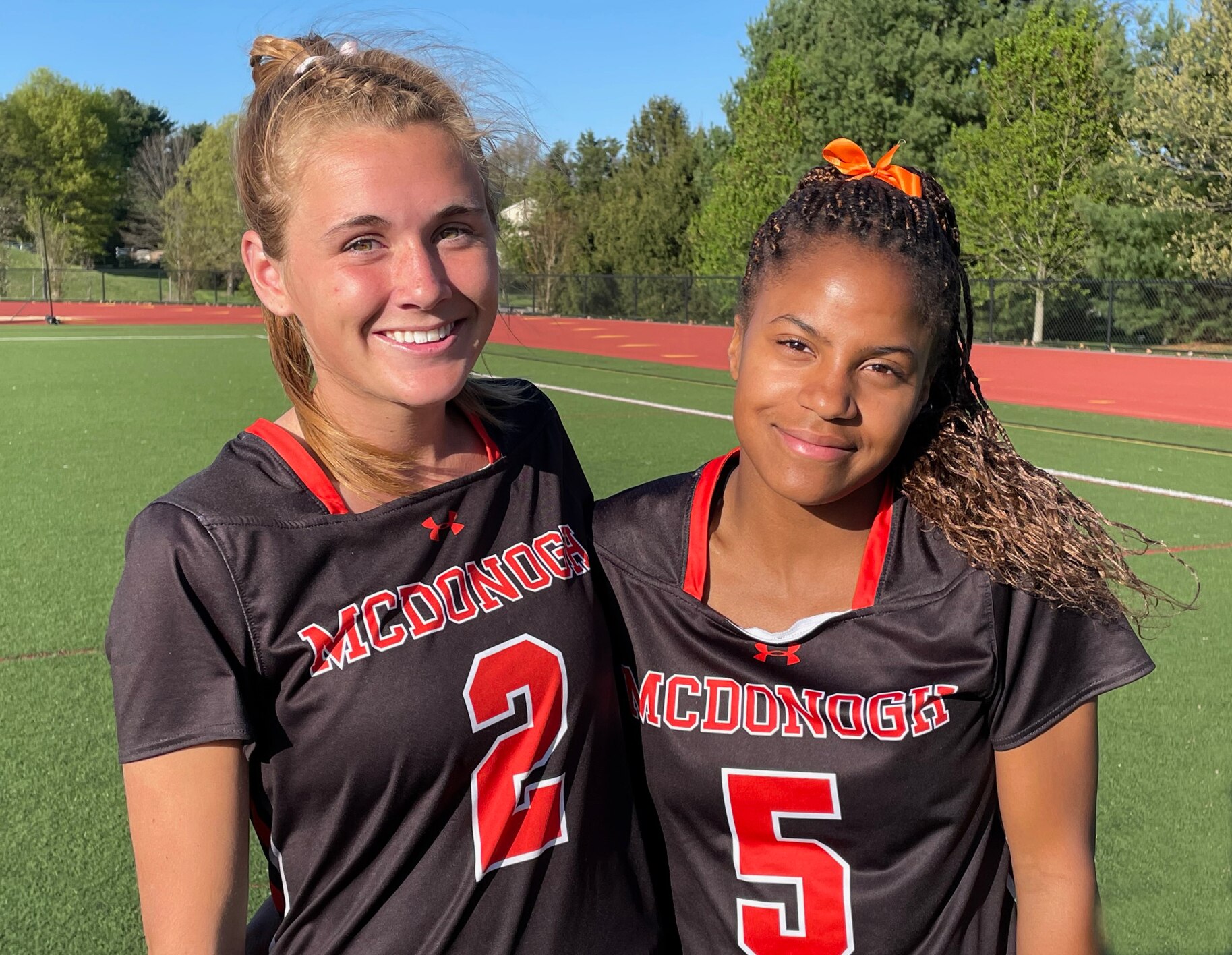 McDonogh’s Amanda Lawson (2) scored four goals and McKenzie Brown (5) played a big role on defense as the No. 1 Eagles defeated No. 4 Glenelg Country School, 12-8, in showdown of the only two teams undefeated in the IAAM A Conference. The Eagles now have sole possession of first place.
