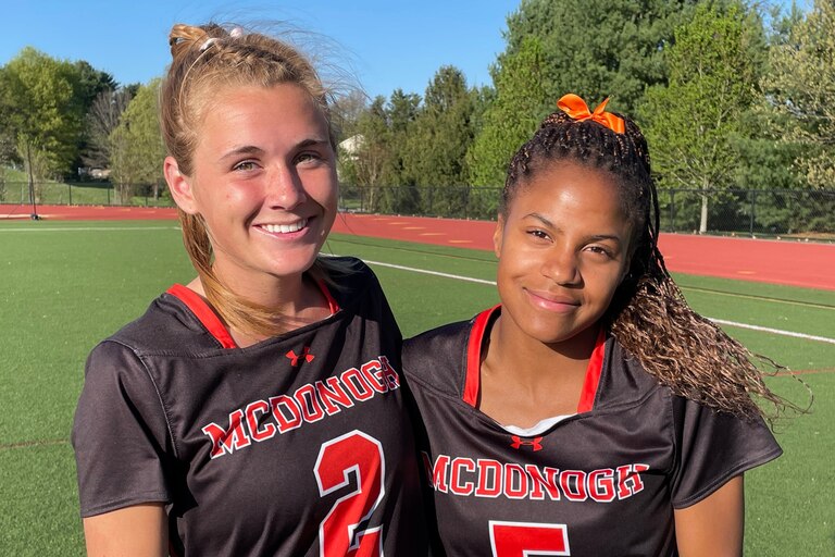 McDonogh’s Amanda Lawson (2) scored four goals and McKenzie Brown (5) played a big role on defense as the No. 1 Eagles defeated No. 4 Glenelg Country School, 12-8, in showdown of the only two teams undefeated in the IAAM A Conference. The Eagles now have sole possession of first place.