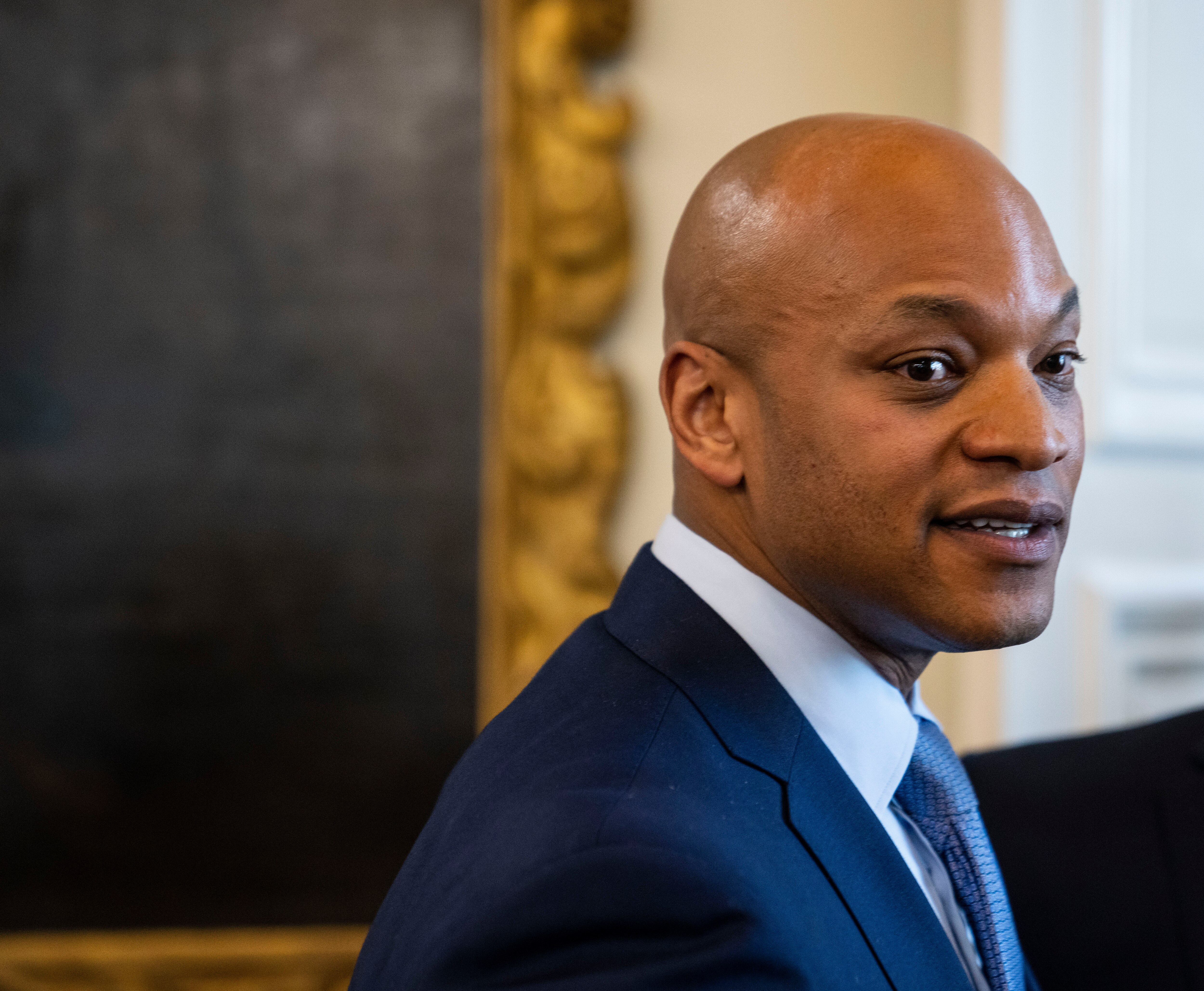 Maryland Gov. Wes Moore after a press conference to discuss the state’s response to the Trump administration’s actions against federal workers last month.