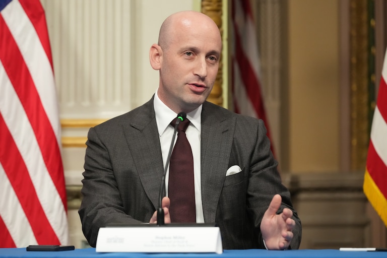 White House Deputy Chief of Staff for Policy Stephen Miller speaks in the Eisenhower Executive Office Building at the White House complex, Tuesday, May 26, 2026, in Washington. (AP Photo/Mark Schiefelbein)