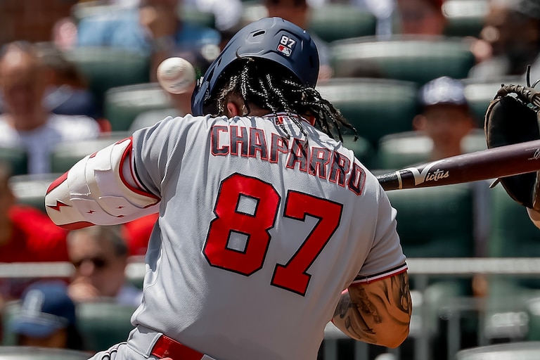 Washington Nationals' Andrés Chaparro is hit on the helmet by a pitch from Atlanta Braves' JR Ritchie during the fourth inning of a baseball game, Sunday, Aug. 2, 2026, in Atlanta.