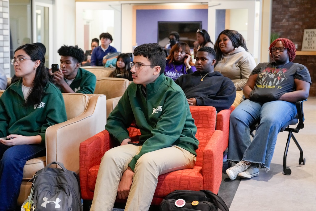 High school students listen during a forum for Baltimore school board candidates at the Baltimore Banner’s office in Baltimore, Md. on Monday, October 26, 2026.