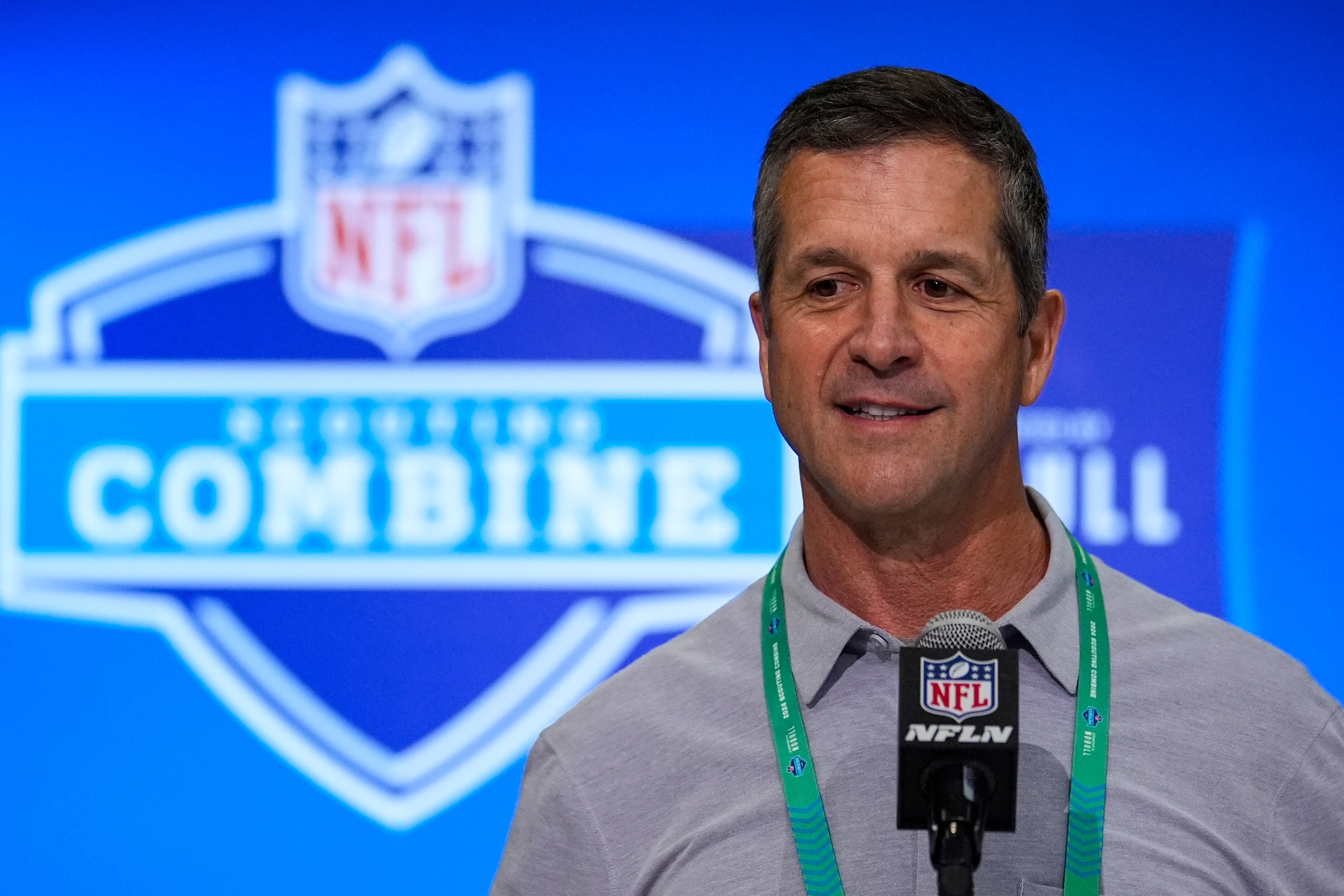 Baltimore Ravens head coach John Harbaugh speaks during a press conference at the NFL football scouting combine in Indianapolis, Tuesday, Feb. 27, 2024. (AP Photo/Michael Conroy)