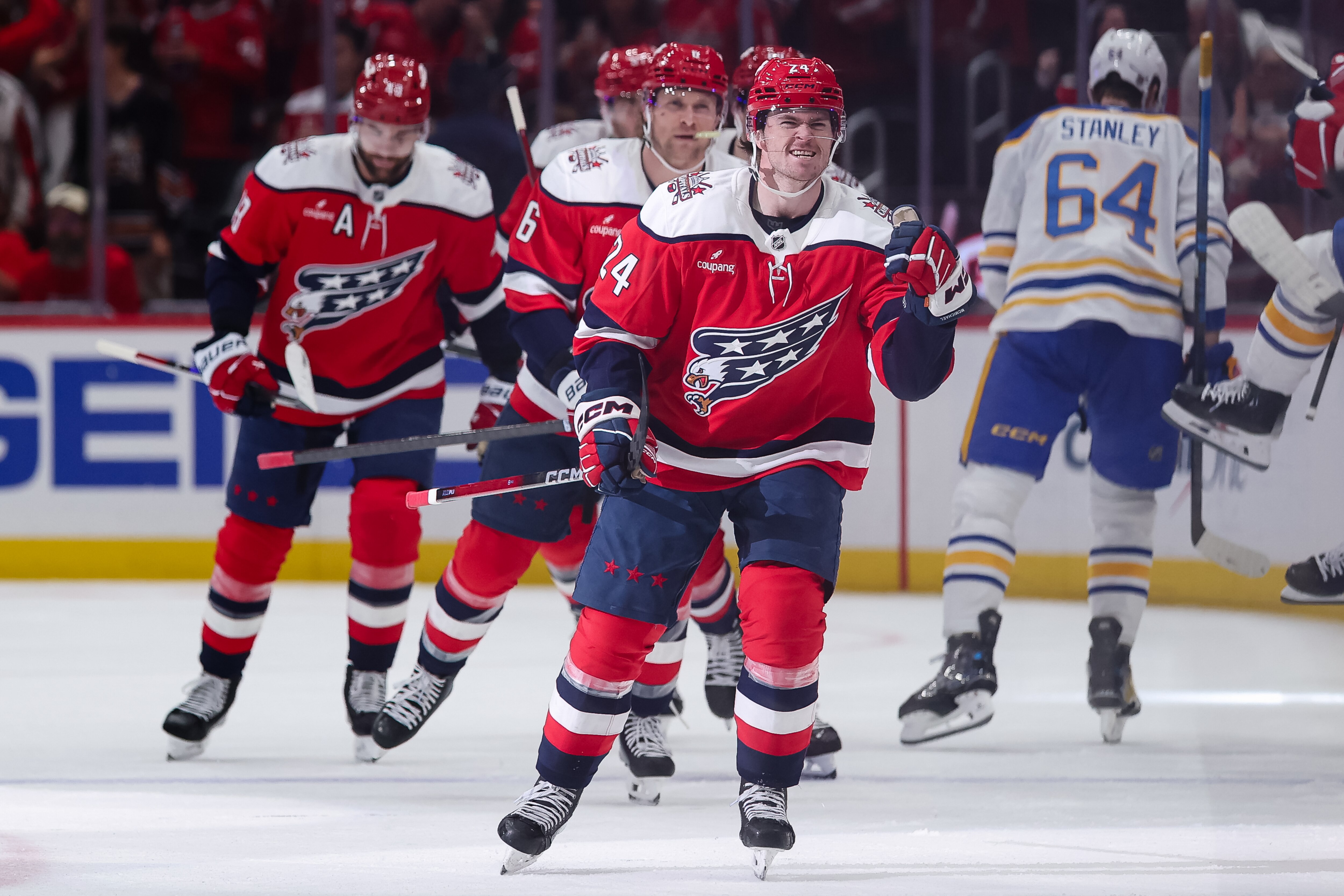 Connor McMichael of the Capitals celebrates after scoring during the first period of Saturday night’s 6-2 win over the Sabres.