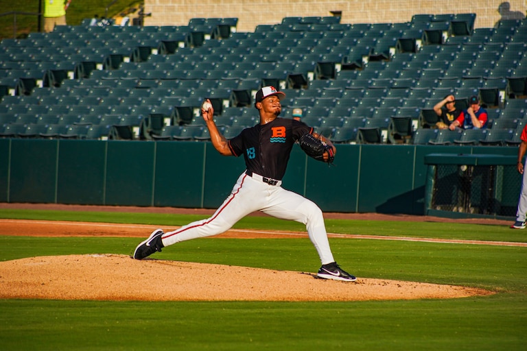 Antony Eyanson, shown here pitching for the Chesapeake Baysox, has a promising mix of pitches that could help him overwhelm big league batters.