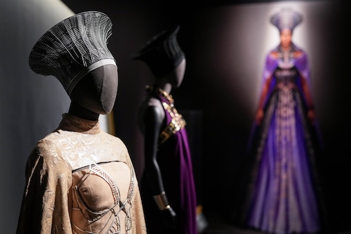 Costumes and jewelry from Marvel’s “Black Panther” on display during a preview of the “Jewelry of the Afrofuture” exhibit at the Walters Art Museum in Baltimore, Md. on Wednesday, April 15, 2026.