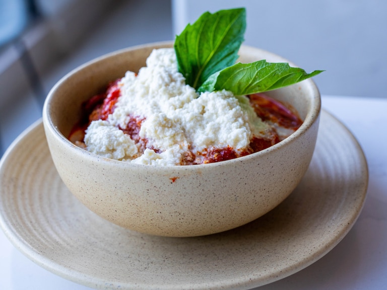 Baked meatballs, Macadamia ricotta, marinara gluten-free, at Double Zero.