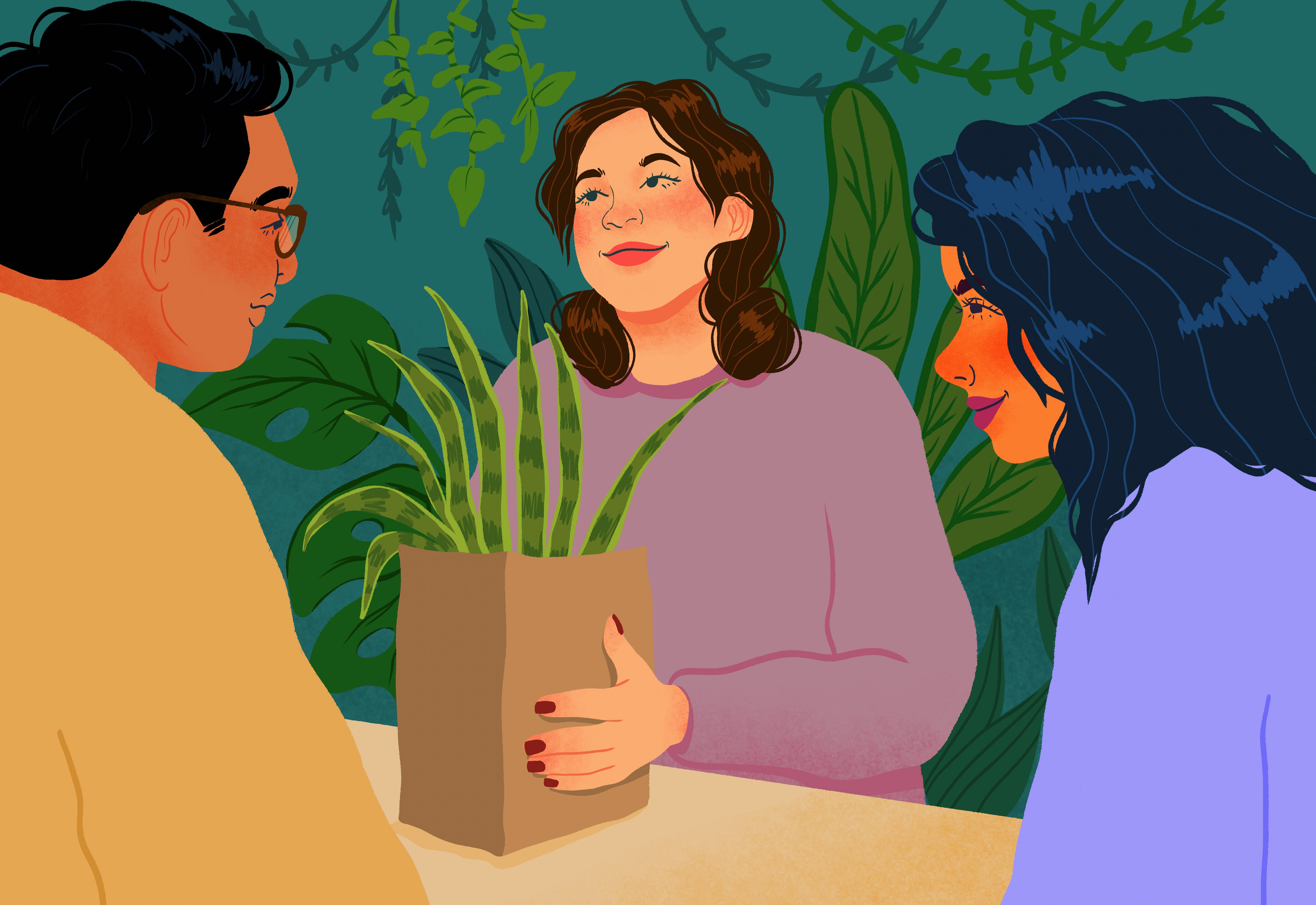 Couple buying houseplant at counter in plant shop