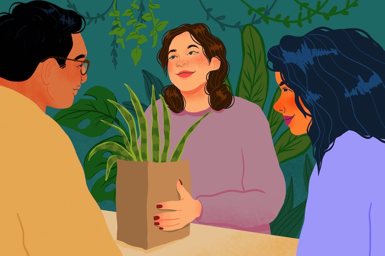 Couple buying houseplant at counter in plant shop