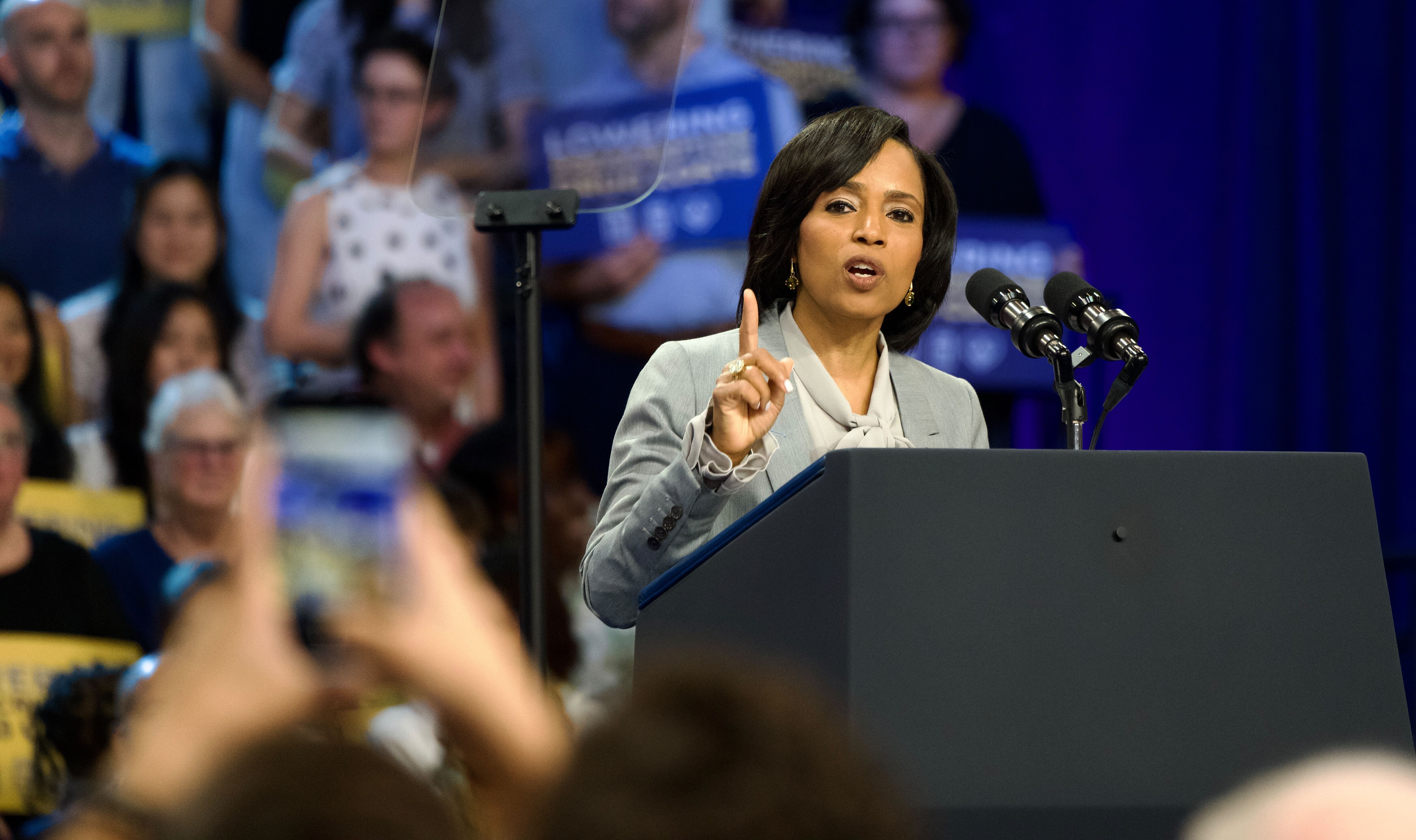 U.S. Senate candidate Angela Alsobrooks, shown last week at an event with President Joe Biden and Vice President Kamala Harris, will get another moment in the spotlight at the Democratic National Convention this week.