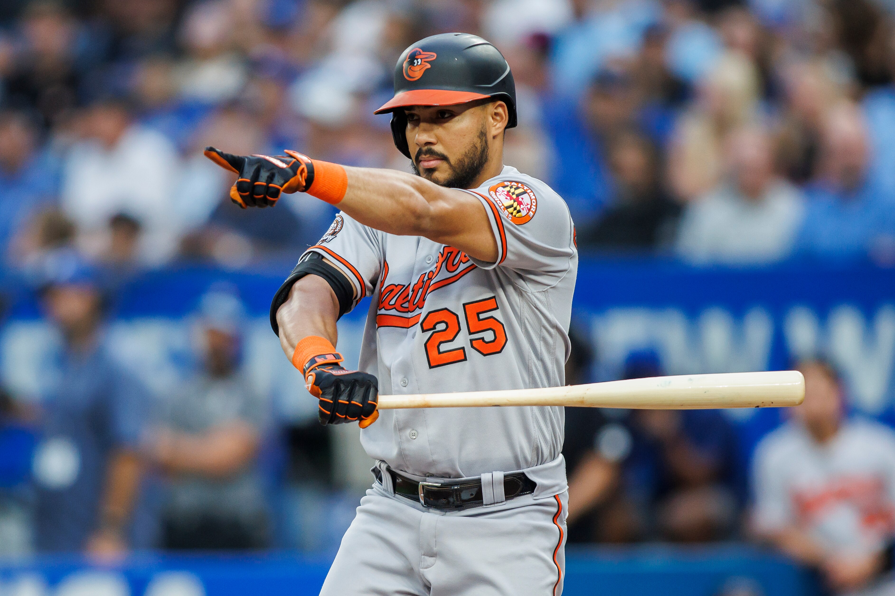 TORONTO, ON - AUGUST 16: Anthony Santander #25 of the Baltimore Orioles checks his swing with the umpire during his at bat in the first inning of their MLB game against the Toronto Blue Jays at Rogers Centre on August 16, 2022 in Toronto, Canada.