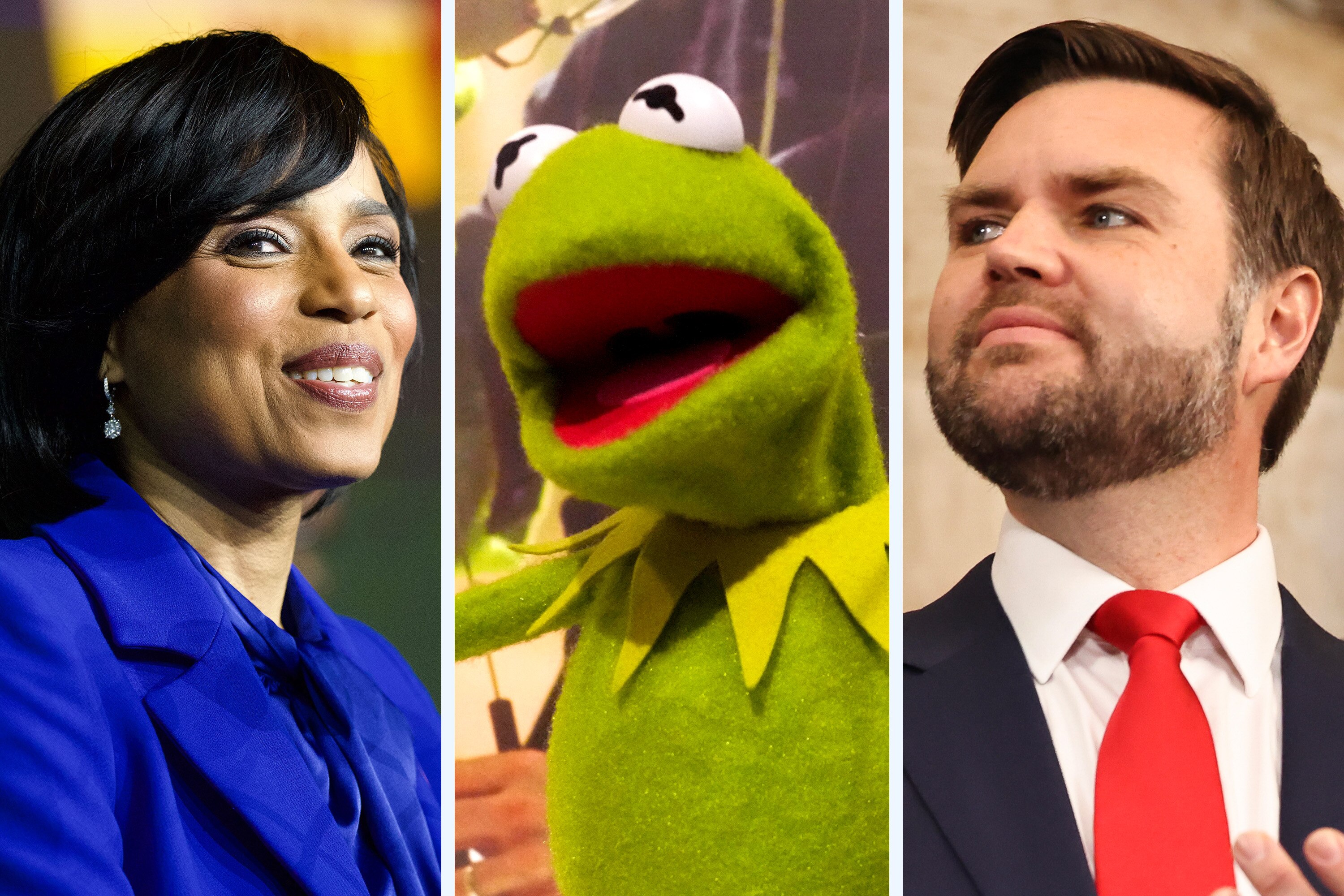 From left, Sen. Angela Alsobrooks, Kermit the Frog, and Vice President JD Vance.