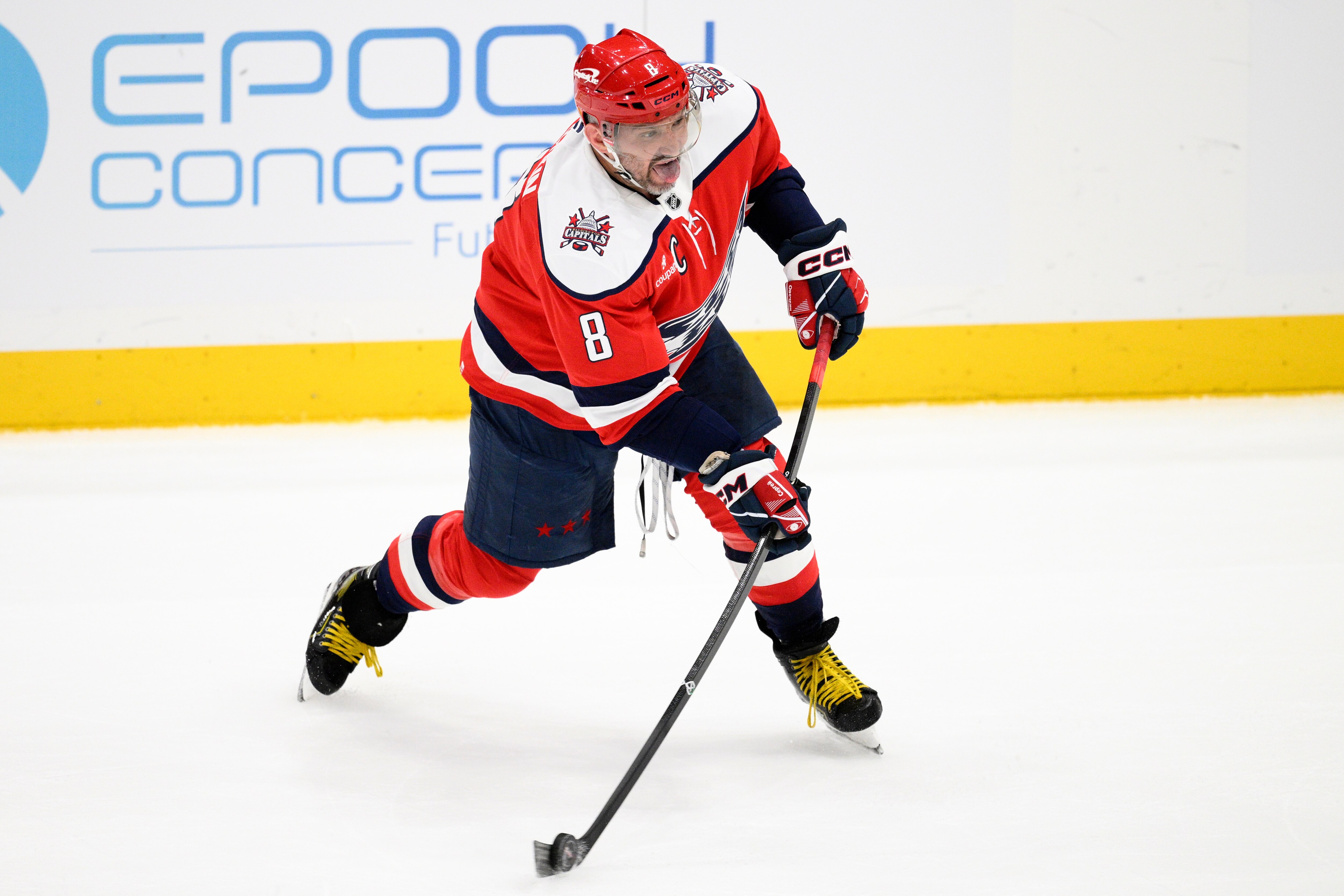 Washington Capitals left wing Alex Ovechkin (8) shoots the puck during the third period of an NHL hockey game against the Utah Mammoth, Tuesday, March 3, 2026, in Washington. (AP Photo/Nick Wass)