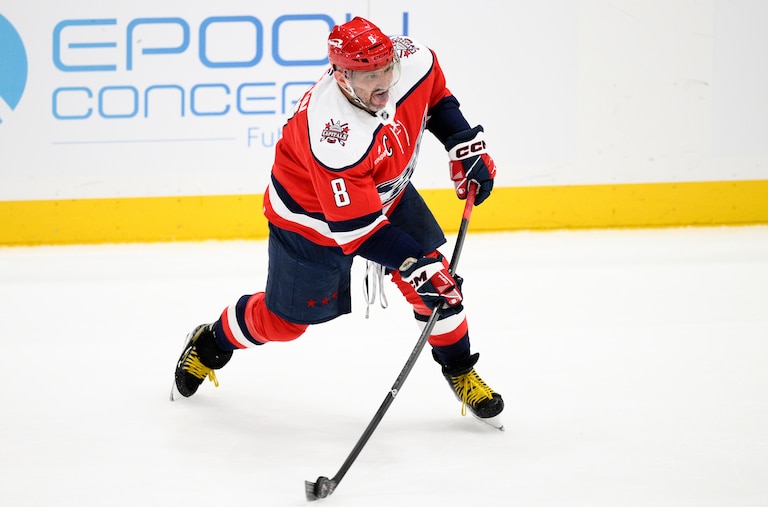 Washington Capitals left wing Alex Ovechkin (8) shoots the puck during the third period of an NHL hockey game against the Utah Mammoth, Tuesday, March 3, 2026, in Washington. (AP Photo/Nick Wass)