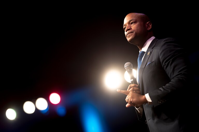 CLINTON, MD - NOVEMBER 05: Democratic Gubernatorial Candidate Wes Moore speaks to the congregation while attending a church service at Mt. Ennon Baptist Church on November 6, 2022 in Clinton, Maryland. Moore will face off against Trump-backed Republican Dan Cox in the general election on Tuesday.