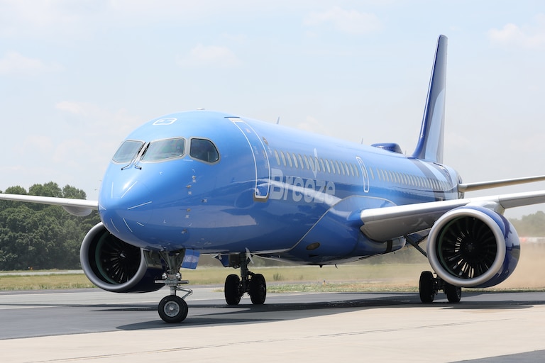 The Breeze Airways Airbus A 220 arrives with Team Germany at Smith Reynolds Airport on June 08, 2026 in Winston-Salem, North Carolina. The German team will stay its base camp in Winston-Salem during the 2026 FIFA World Cup.