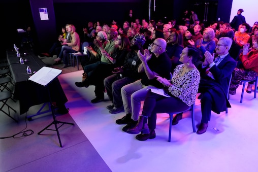 Attendees applaud during Wide Angle Youth Media’s Folklife Art documentary series screening at their headquarters in Baltimore, Md., on Friday, February 6, 2026.