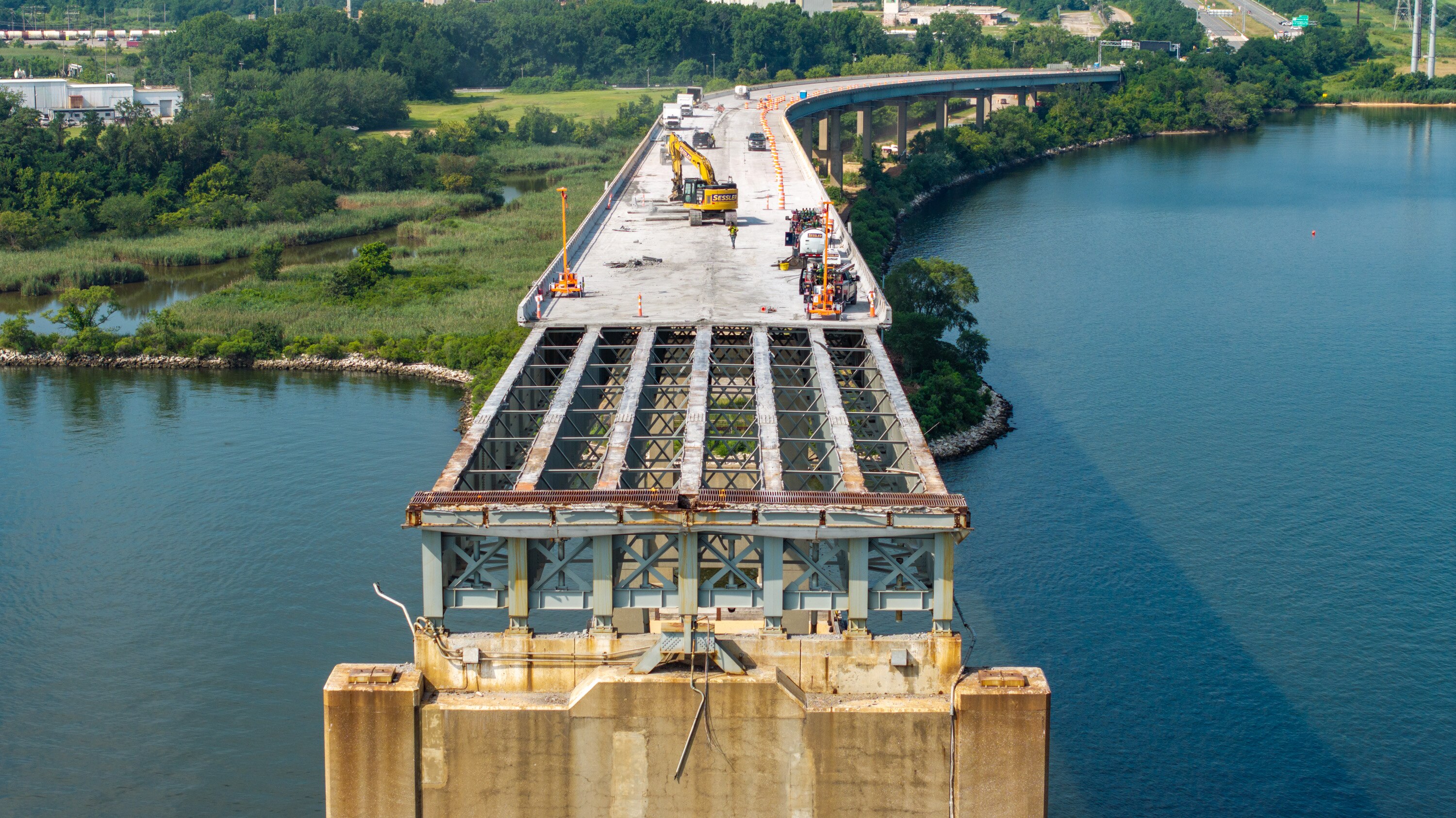 Exposed girders are seen as work continues on demolishing the southwest ramp to the Francis Scott Key Bridge in July.