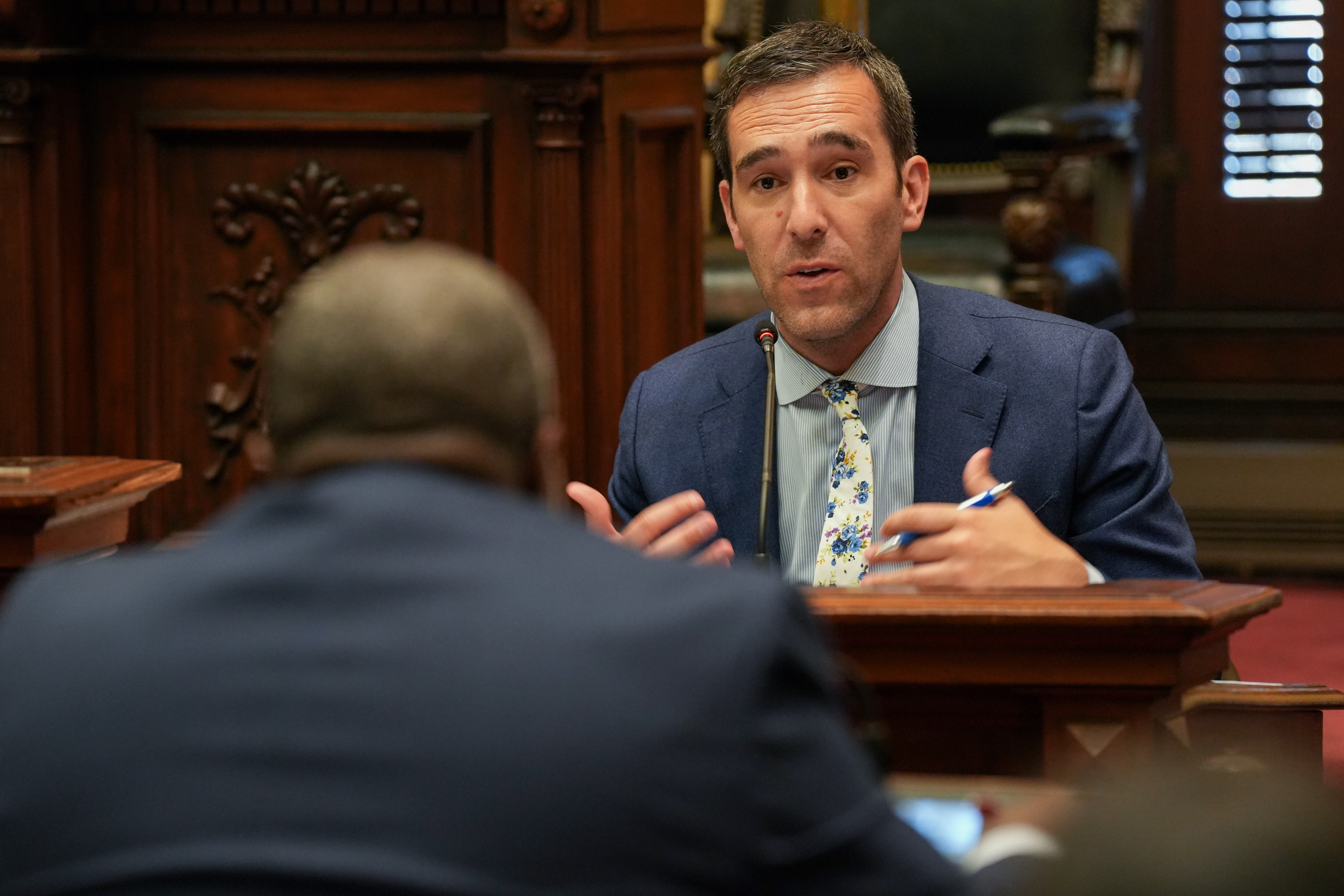 Baltimore City Councilman Zeke Cohen speaks during a hearing with members of the Baltimore City Council’s Public Safety and Government Operations Committee inside Baltimore City Hall on Wednesday, Aug. 23.