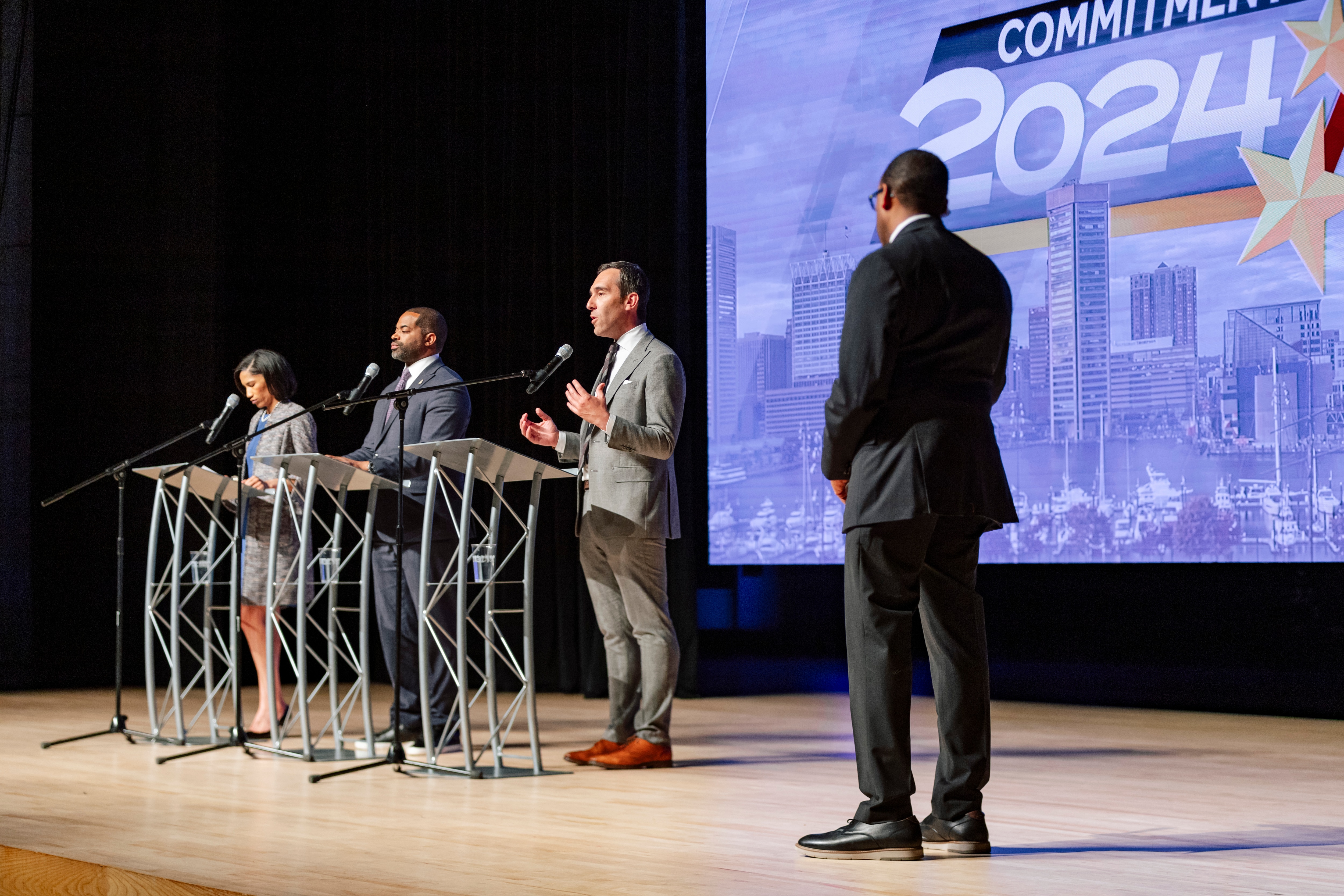 From left, Baltimore City Council presidential candidate Shannon Sneed, incumbent Nick Mosby, and candidate 
Zeke Cohen participate in a televised debate moderated by WBAL-TV 11’s Jason Newton, right, and hosted by WBAL in Morgan State University’s Murphy Fine Arts Center on Wednesday, April 17, 2024 in Baltimore.